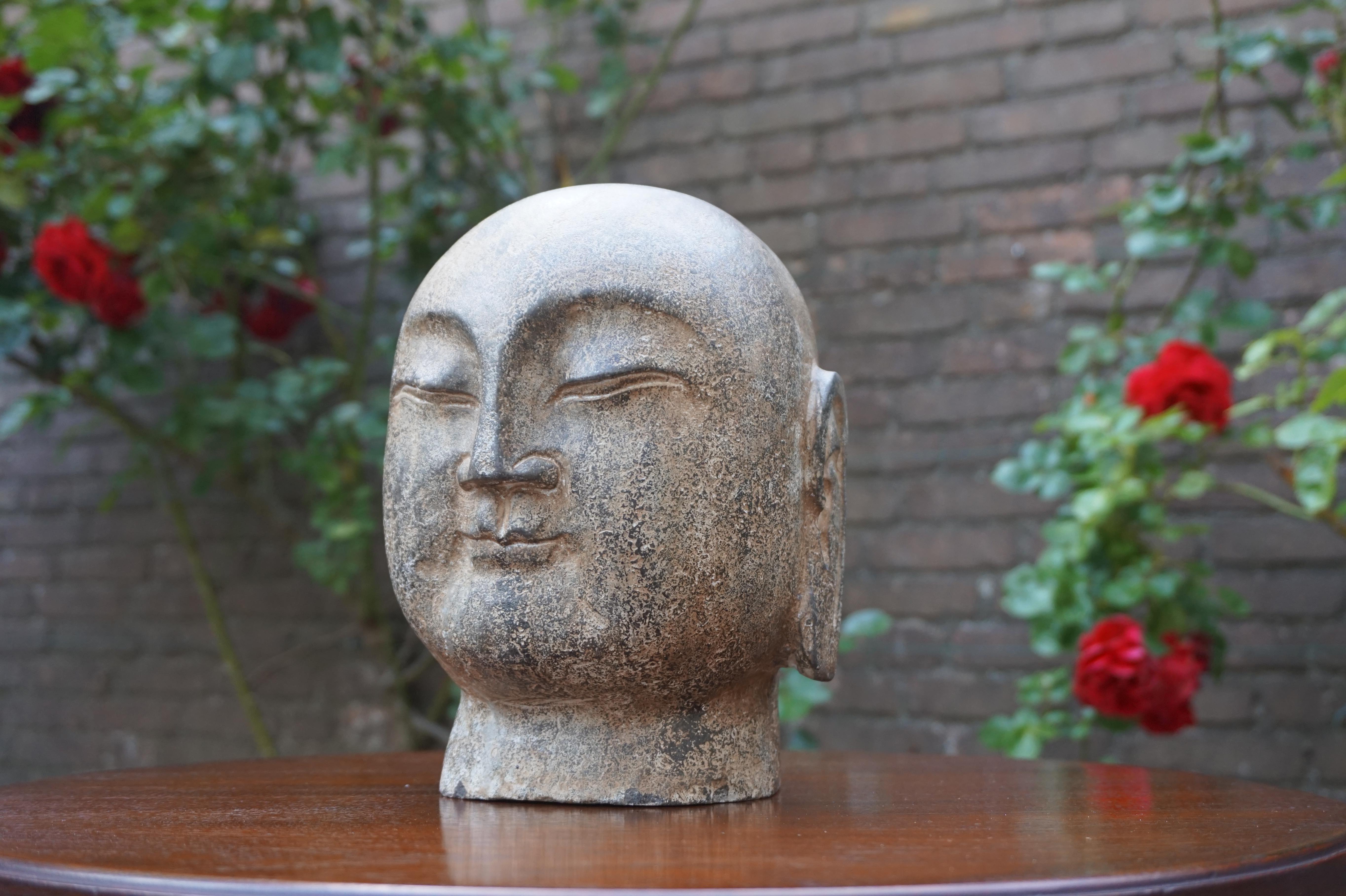 Rare sculpture de tête de Bouddha japonaise ancienne en marbre ou granit, sculptée à la main en vente 2
