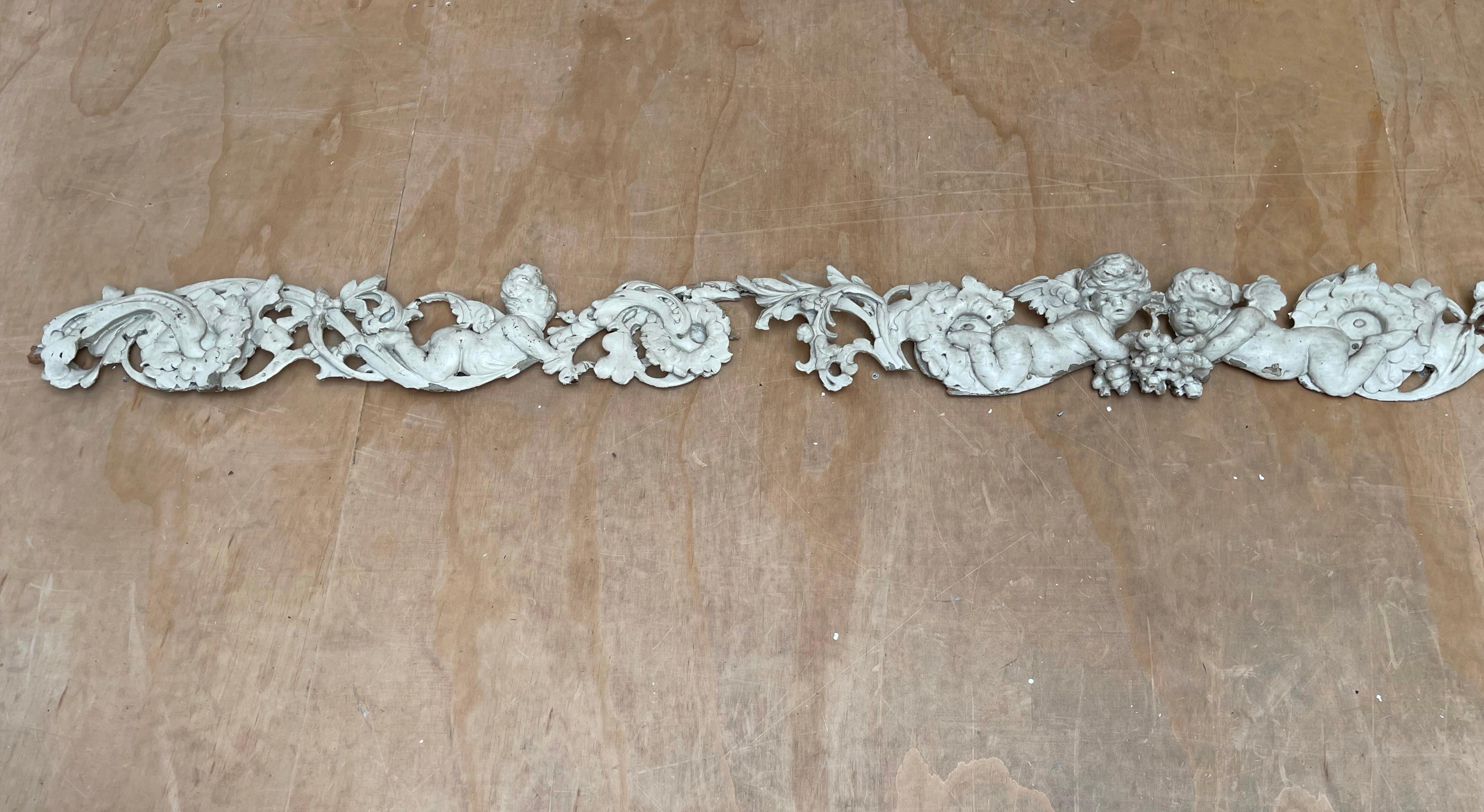 Rare Hand Carved Baroque Architectural Wall or Ceiling Cherubs Sculptures 9 Feet For Sale 5