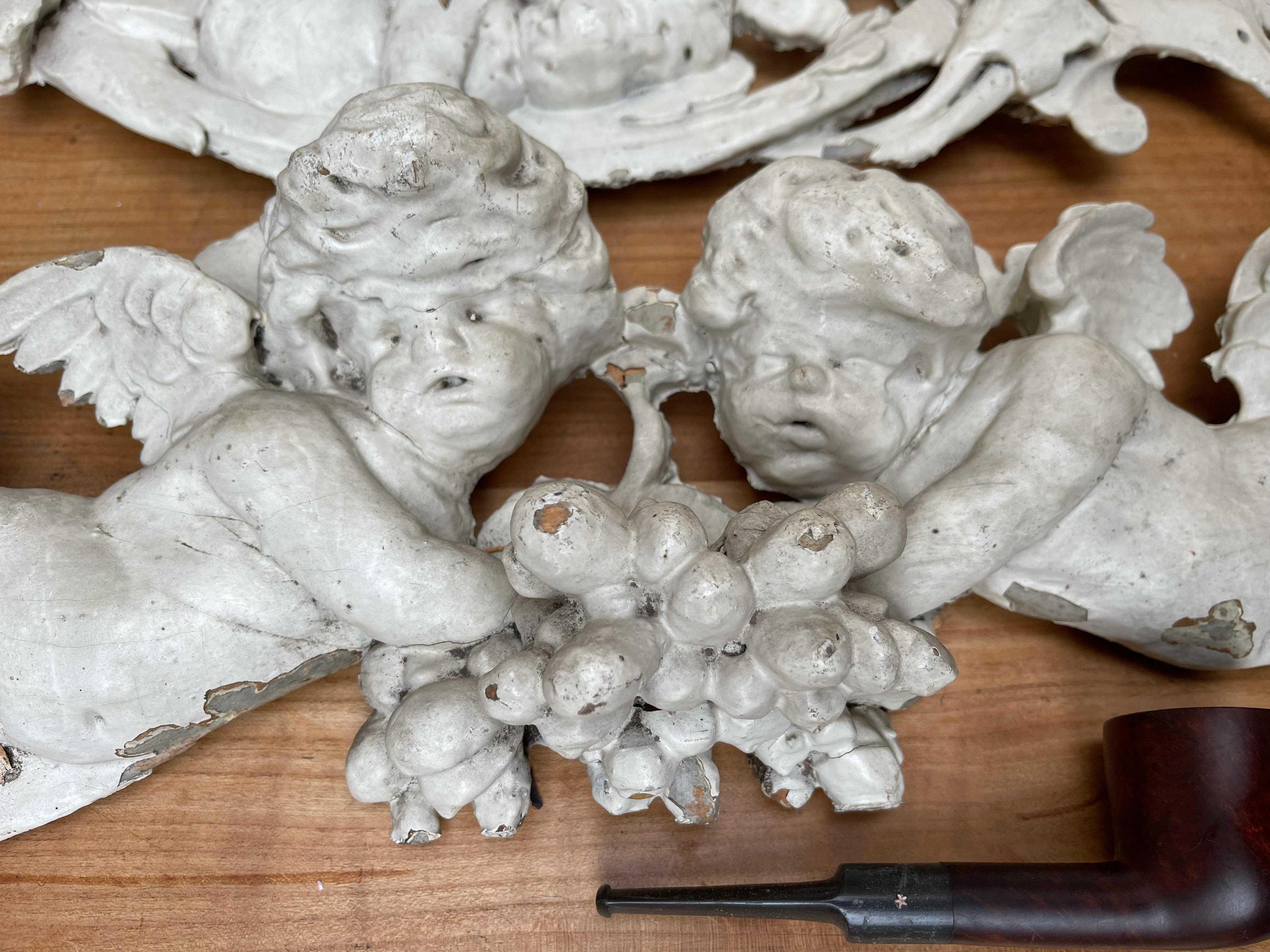 Rare Hand Carved Baroque Architectural Wall or Ceiling Cherubs Sculptures 9 Feet For Sale 8