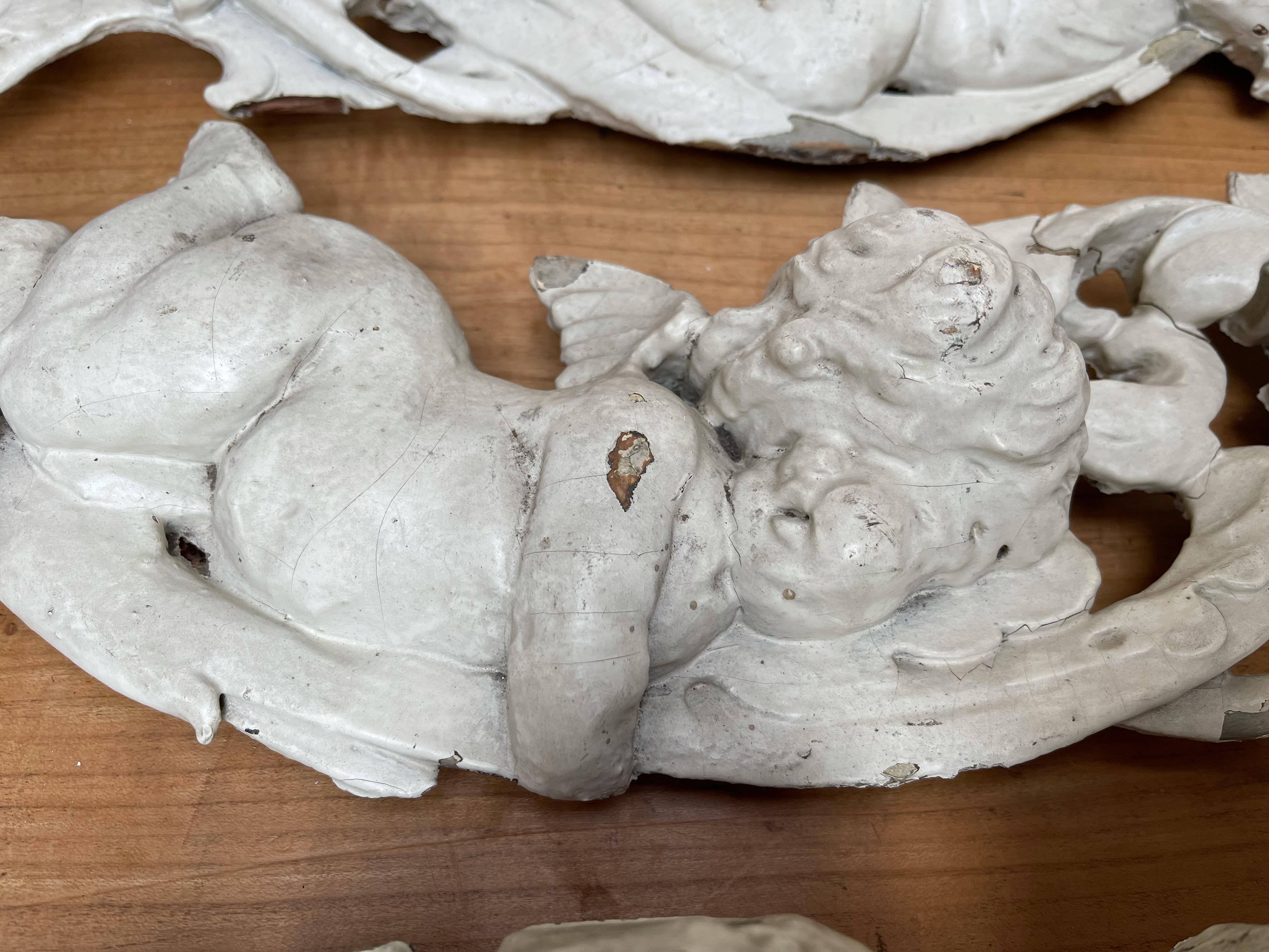Rare Hand Carved Baroque Architectural Wall or Ceiling Cherubs Sculptures 9 Feet For Sale 9