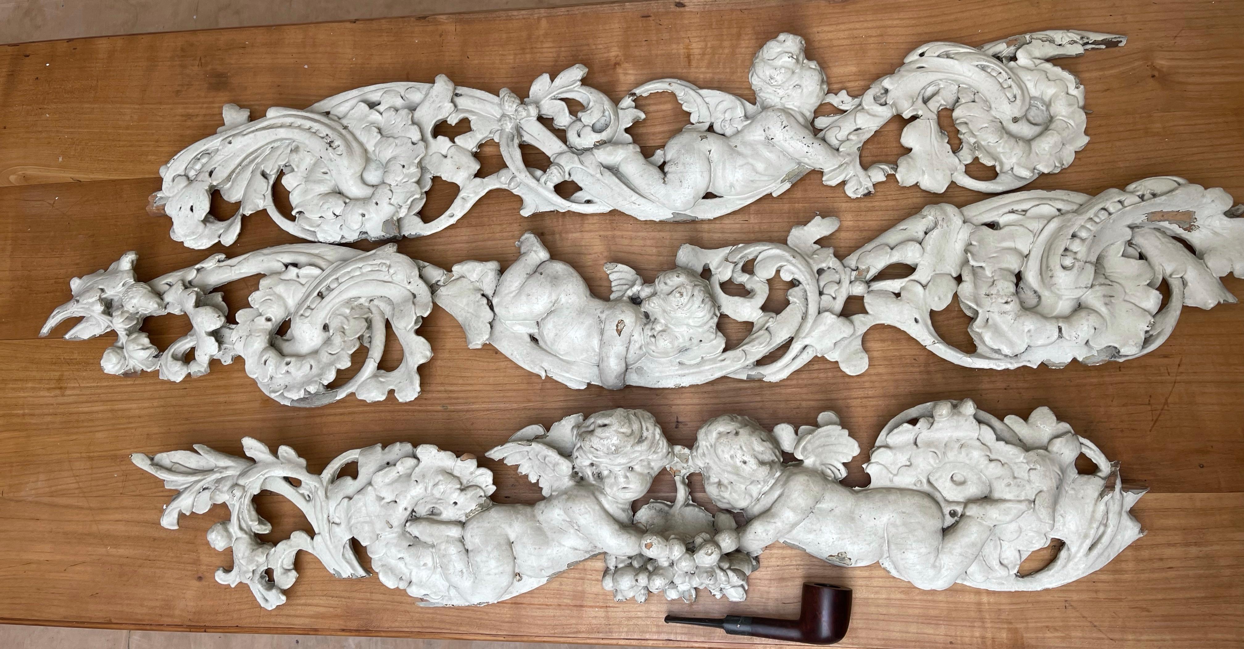 Hand-Carved Rare Hand Carved Baroque Architectural Wall or Ceiling Cherubs Sculptures 9 Feet For Sale