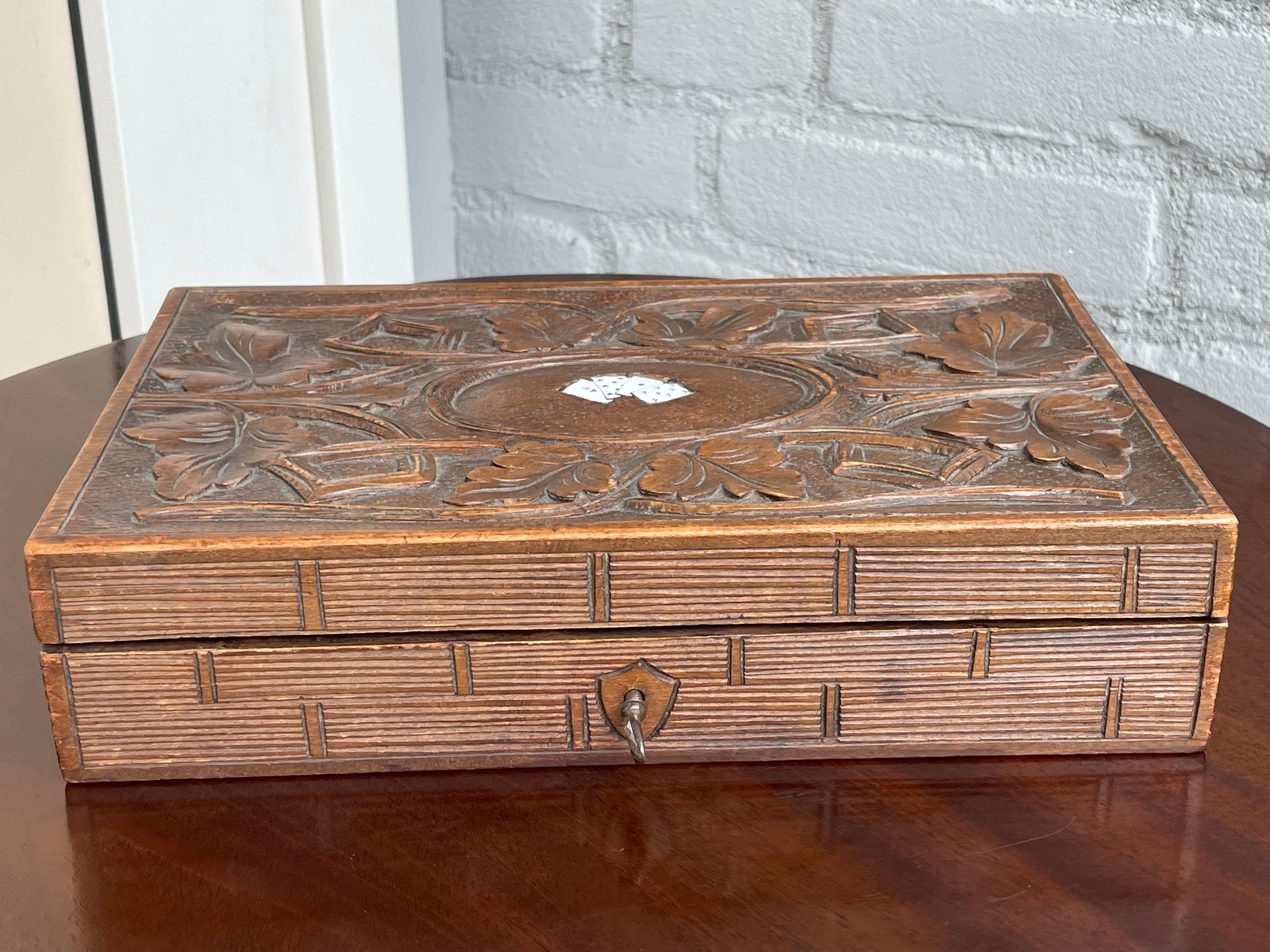 Rare Hand Carved Black Forest Box w. Inlaid Enameled Playing Cards & Chips Boxes For Sale 2