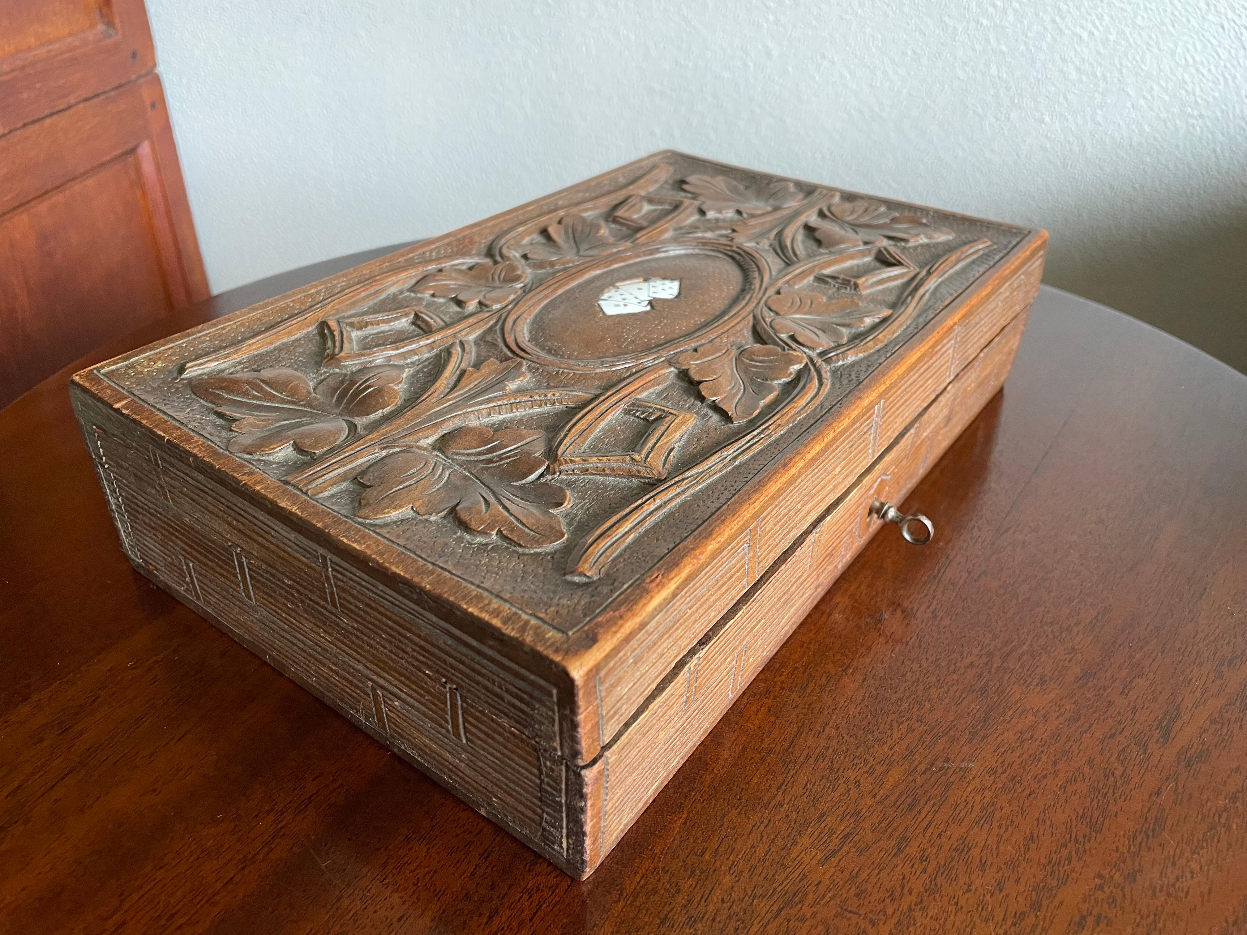 Rare Hand Carved Black Forest Box w. Inlaid Enameled Playing Cards & Chips Boxes For Sale 6