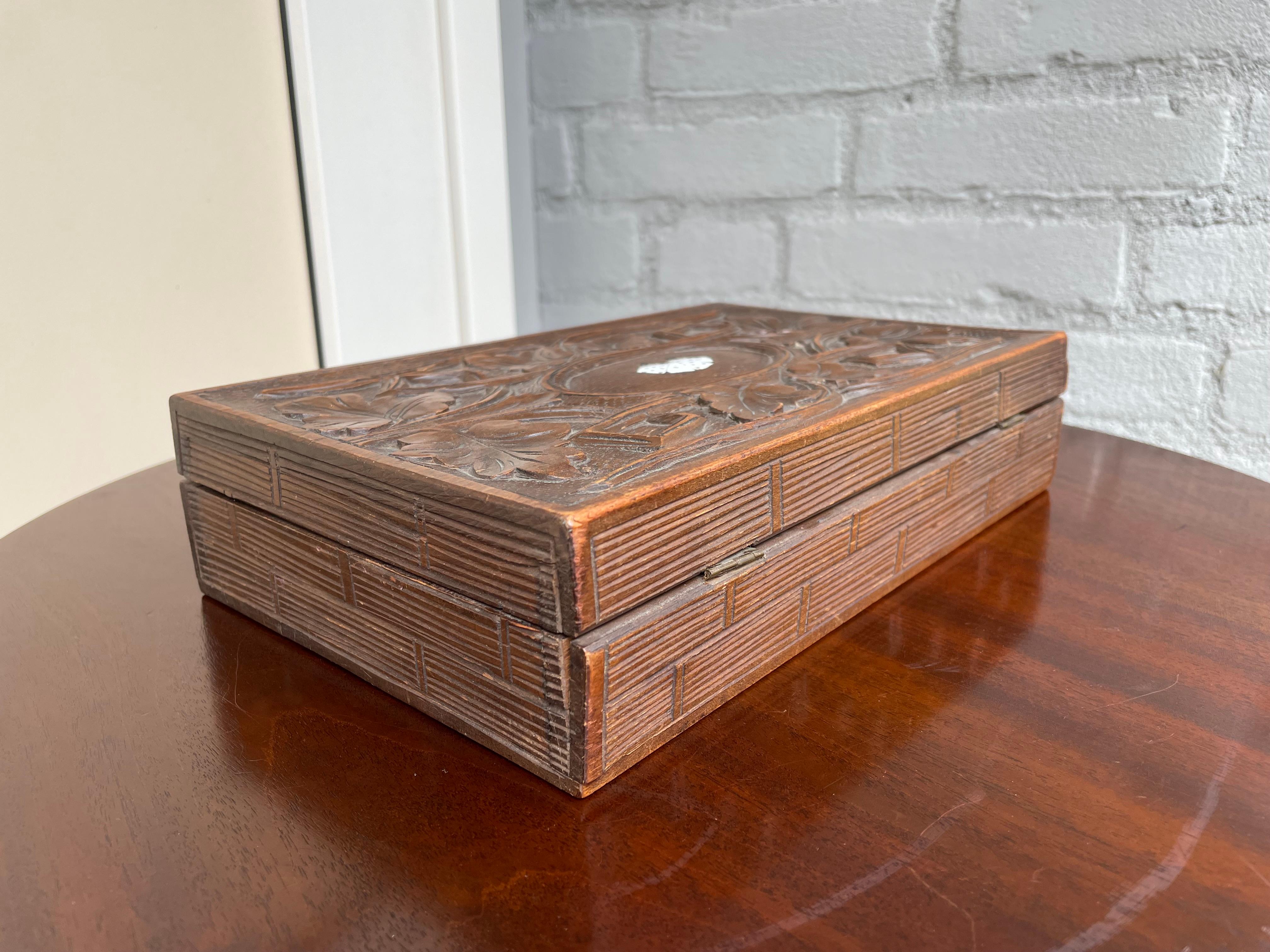 Rare Hand Carved Black Forest Box w. Inlaid Enameled Playing Cards & Chips Boxes For Sale 7