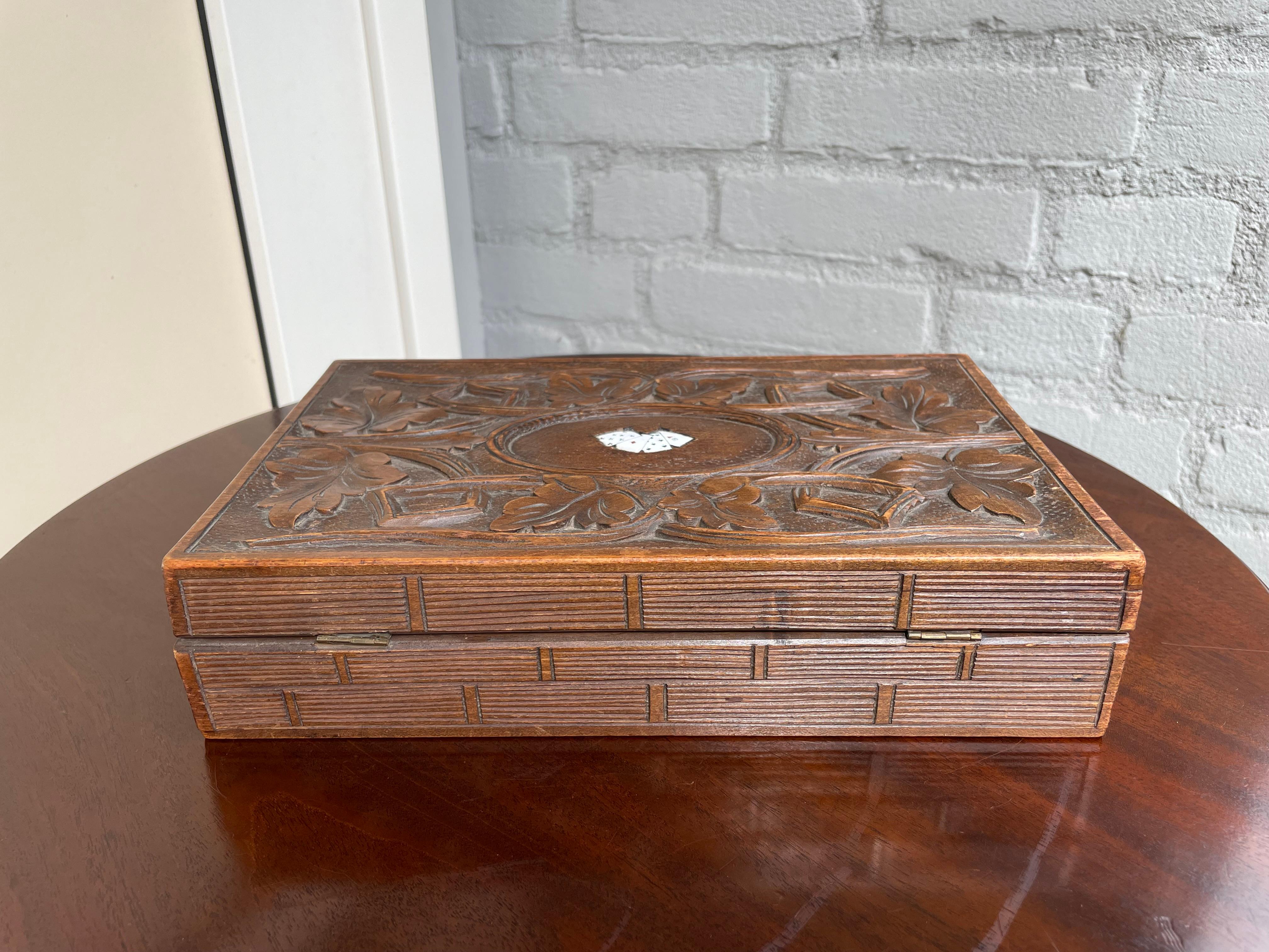 Rare Hand Carved Black Forest Box w. Inlaid Enameled Playing Cards & Chips Boxes For Sale 9
