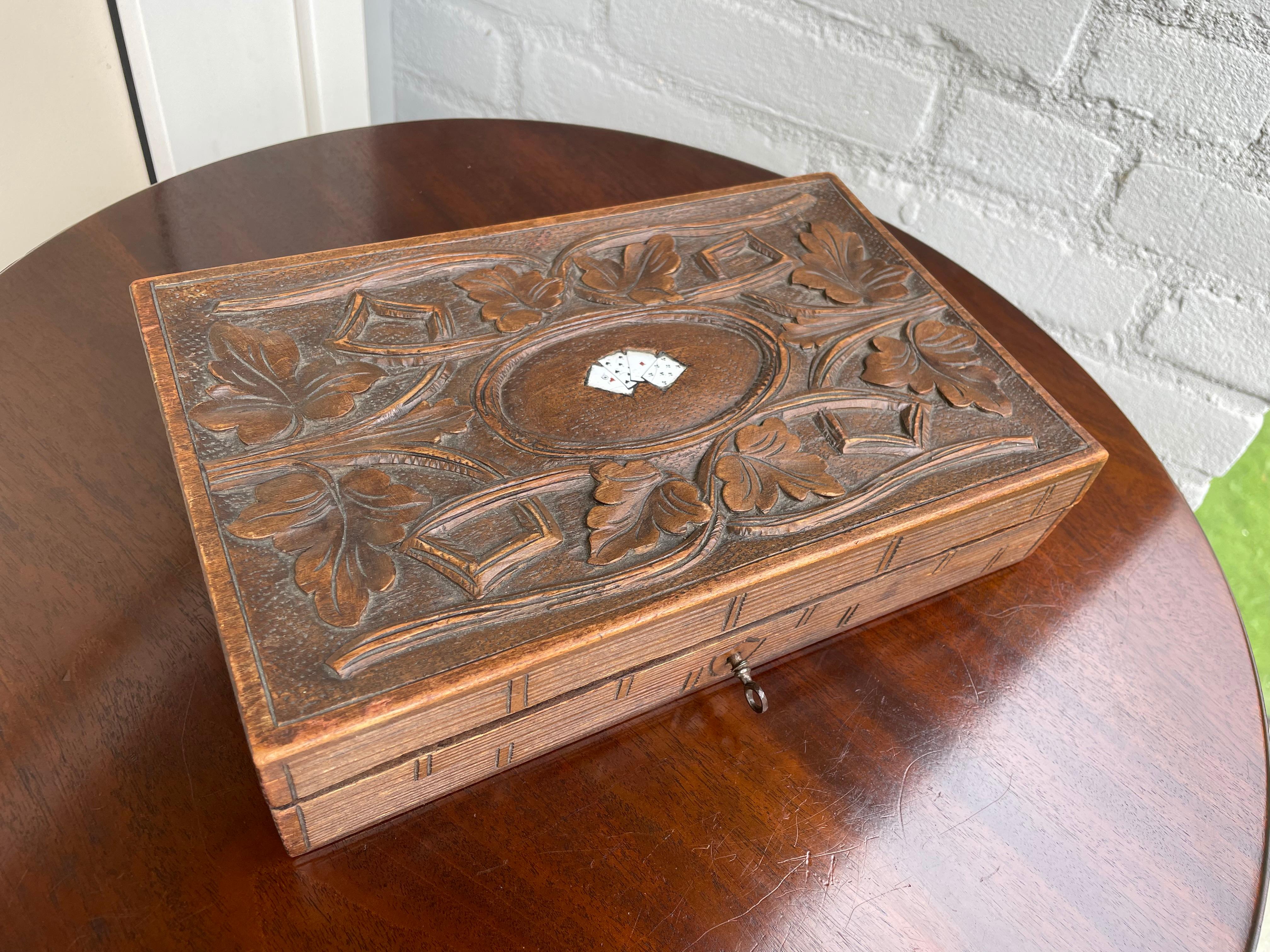 Rare Hand Carved Black Forest Box w. Inlaid Enameled Playing Cards & Chips Boxes For Sale 10