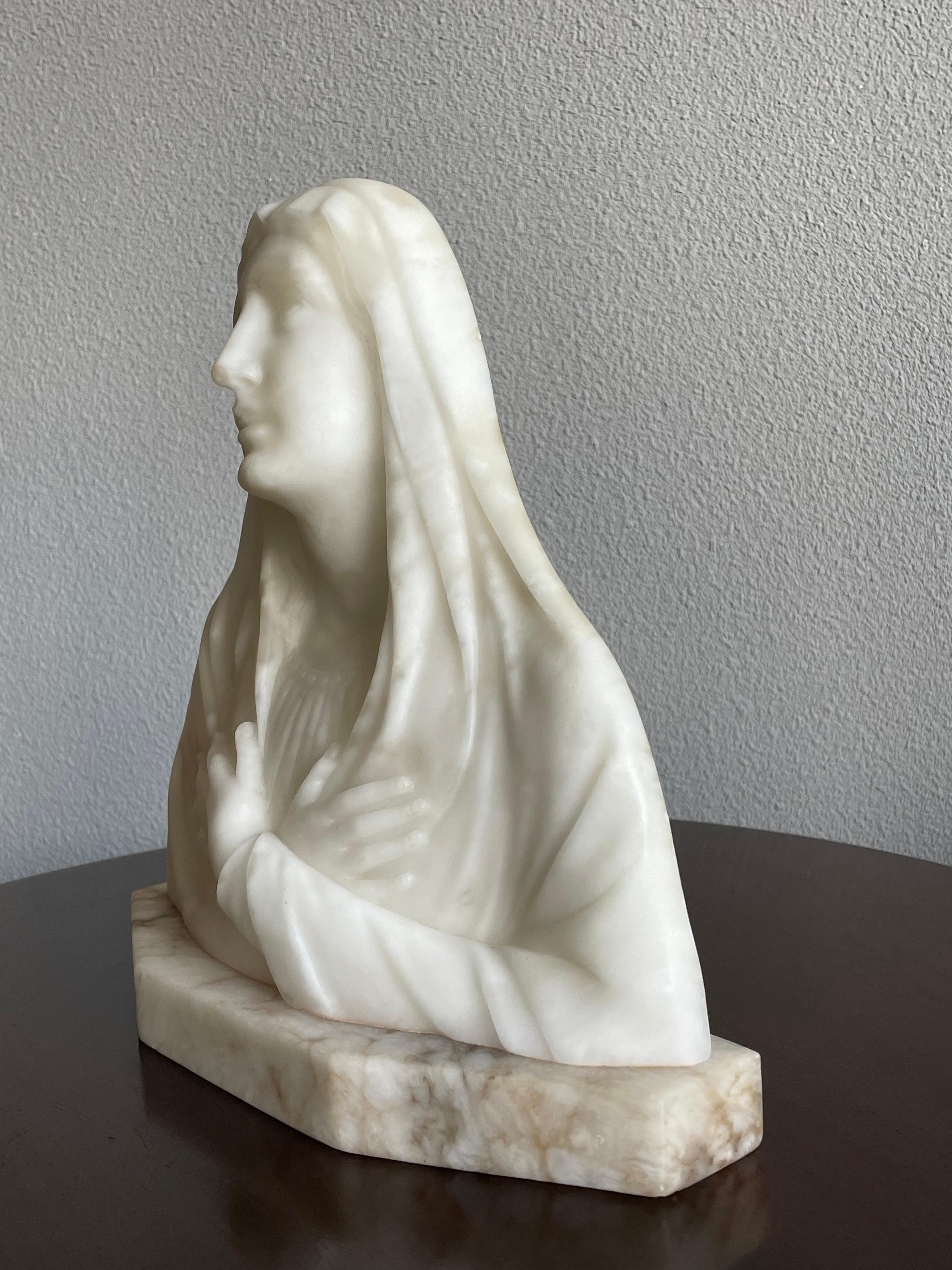 20th Century Rare Hand Carved Early 1900s Alabaster Bust Sculpture of a Mourning Virgin Mary