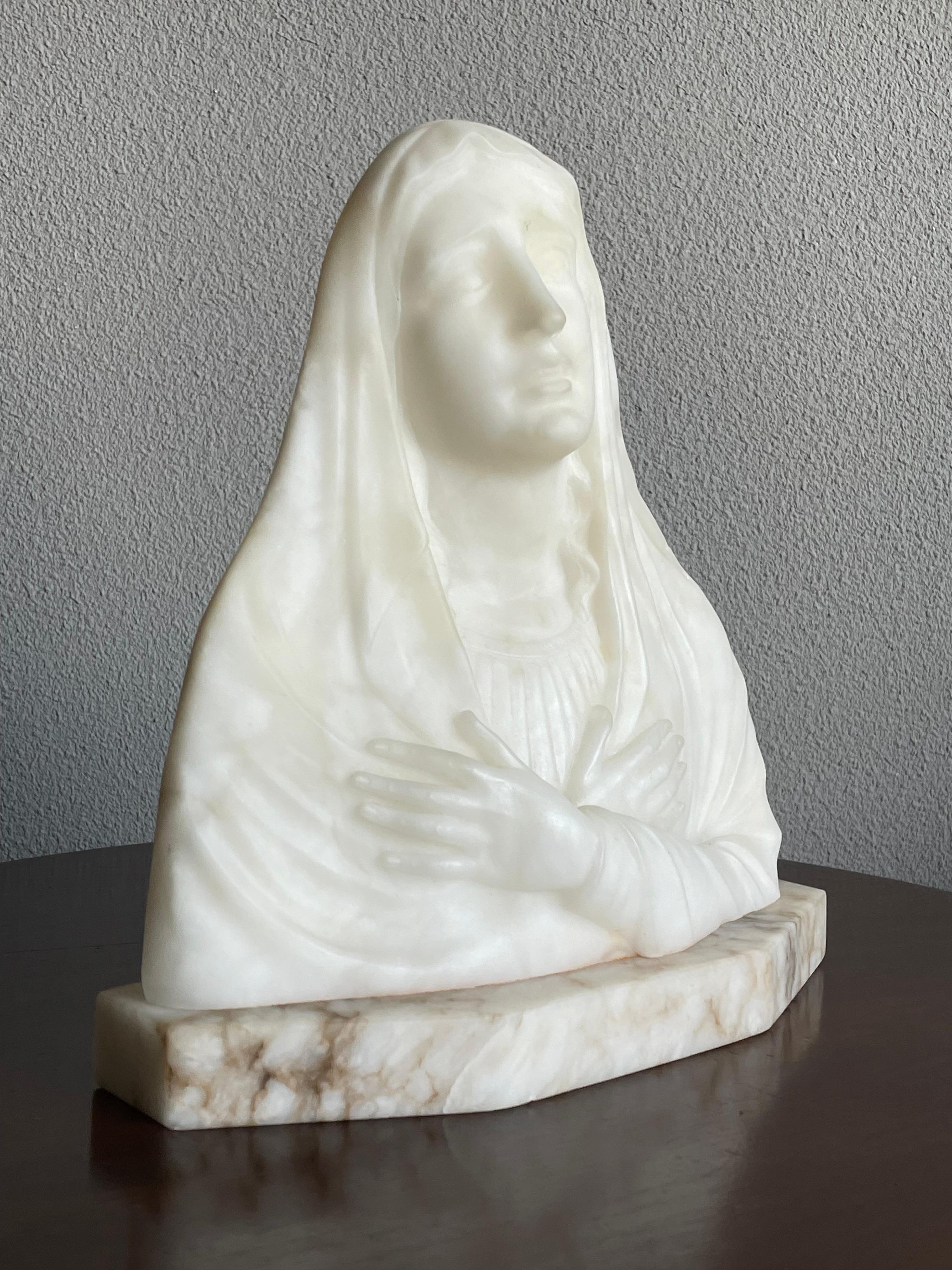 Rare Hand Carved Early 1900s Alabaster Bust Sculpture of a Mourning Virgin Mary 4