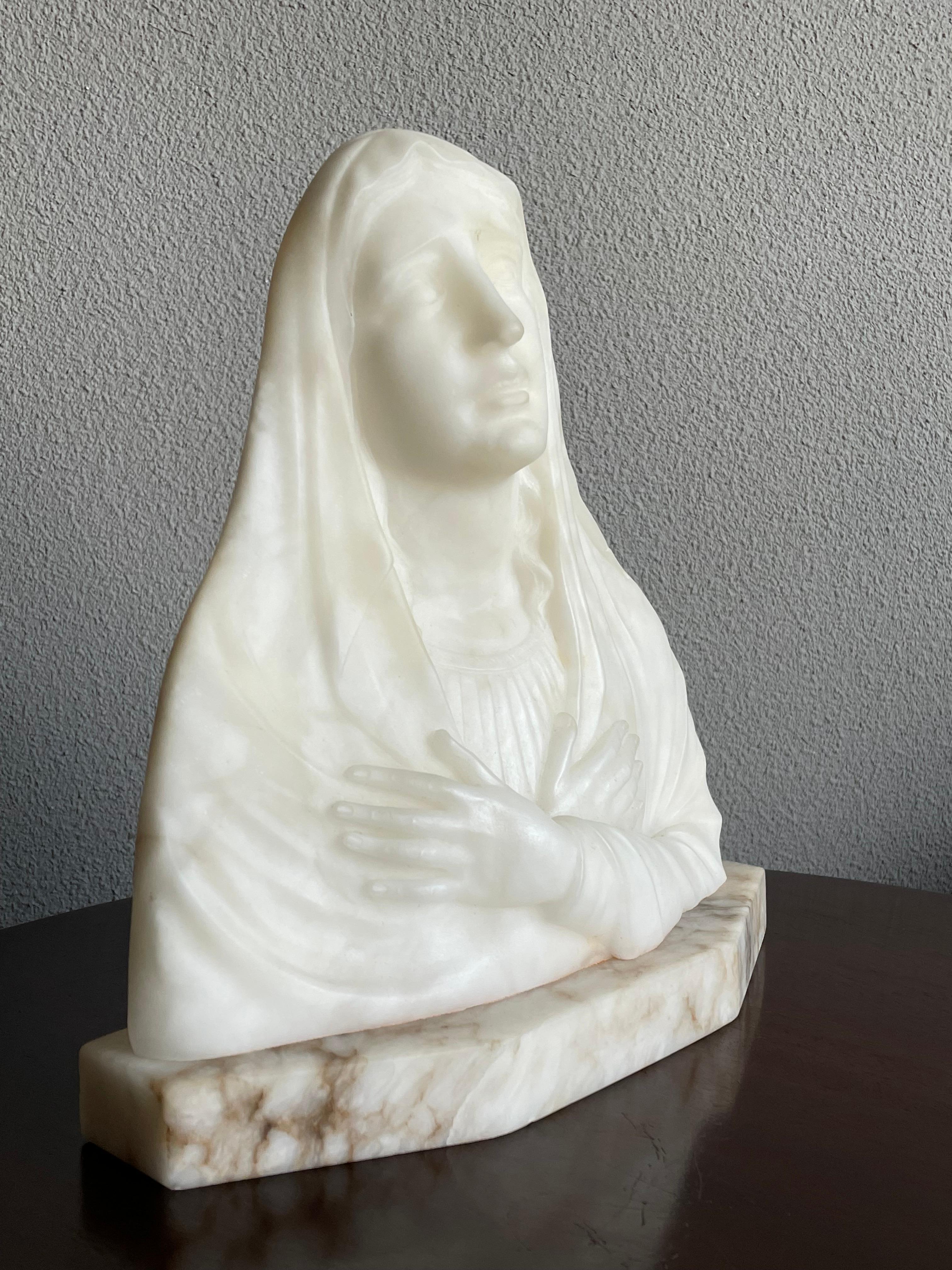 Rare Hand Carved Early 1900s Alabaster Bust Sculpture of a Mourning Virgin Mary 6