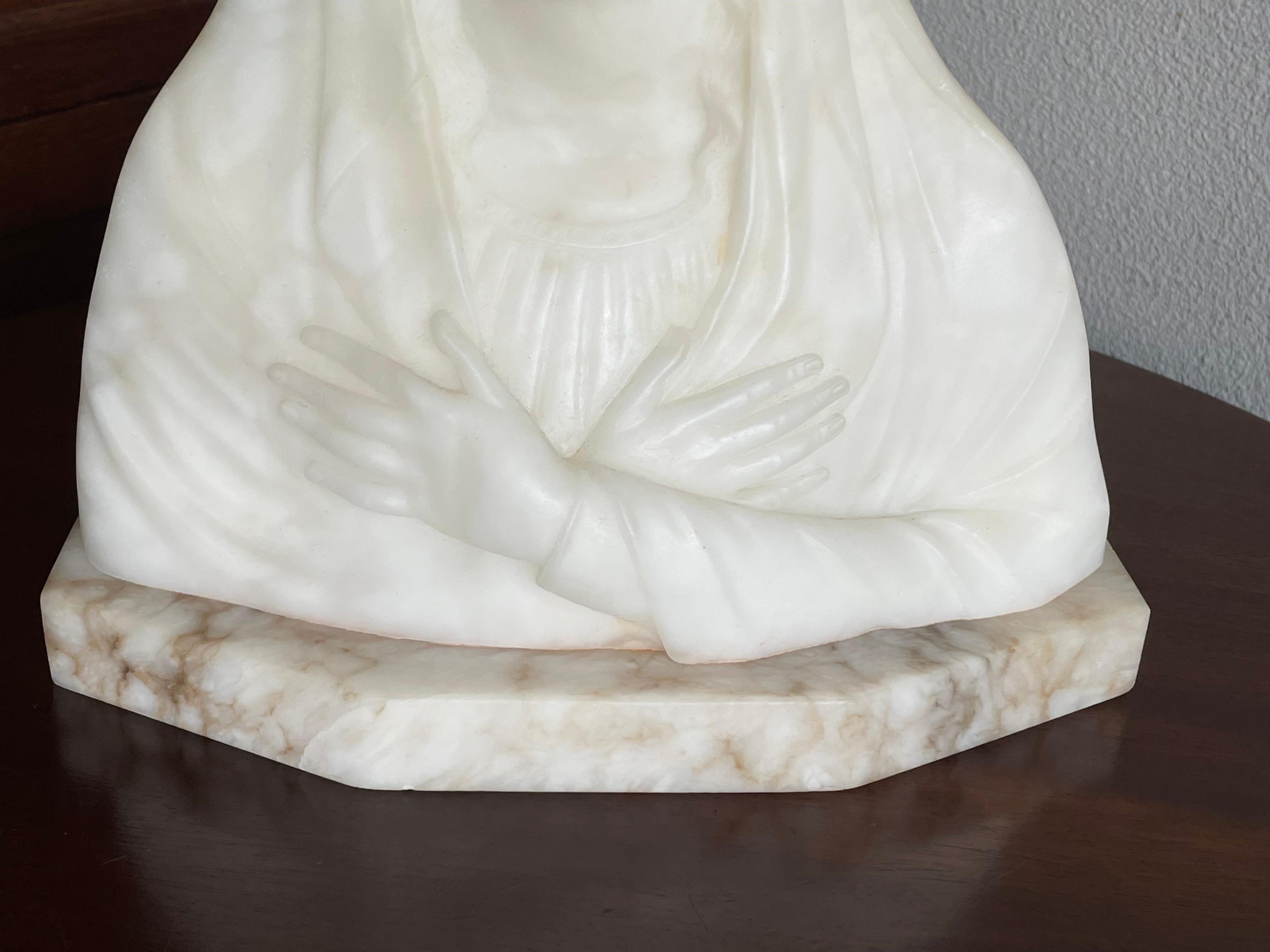 Gothic Revival Rare Hand Carved Early 1900s Alabaster Bust Sculpture of a Mourning Virgin Mary