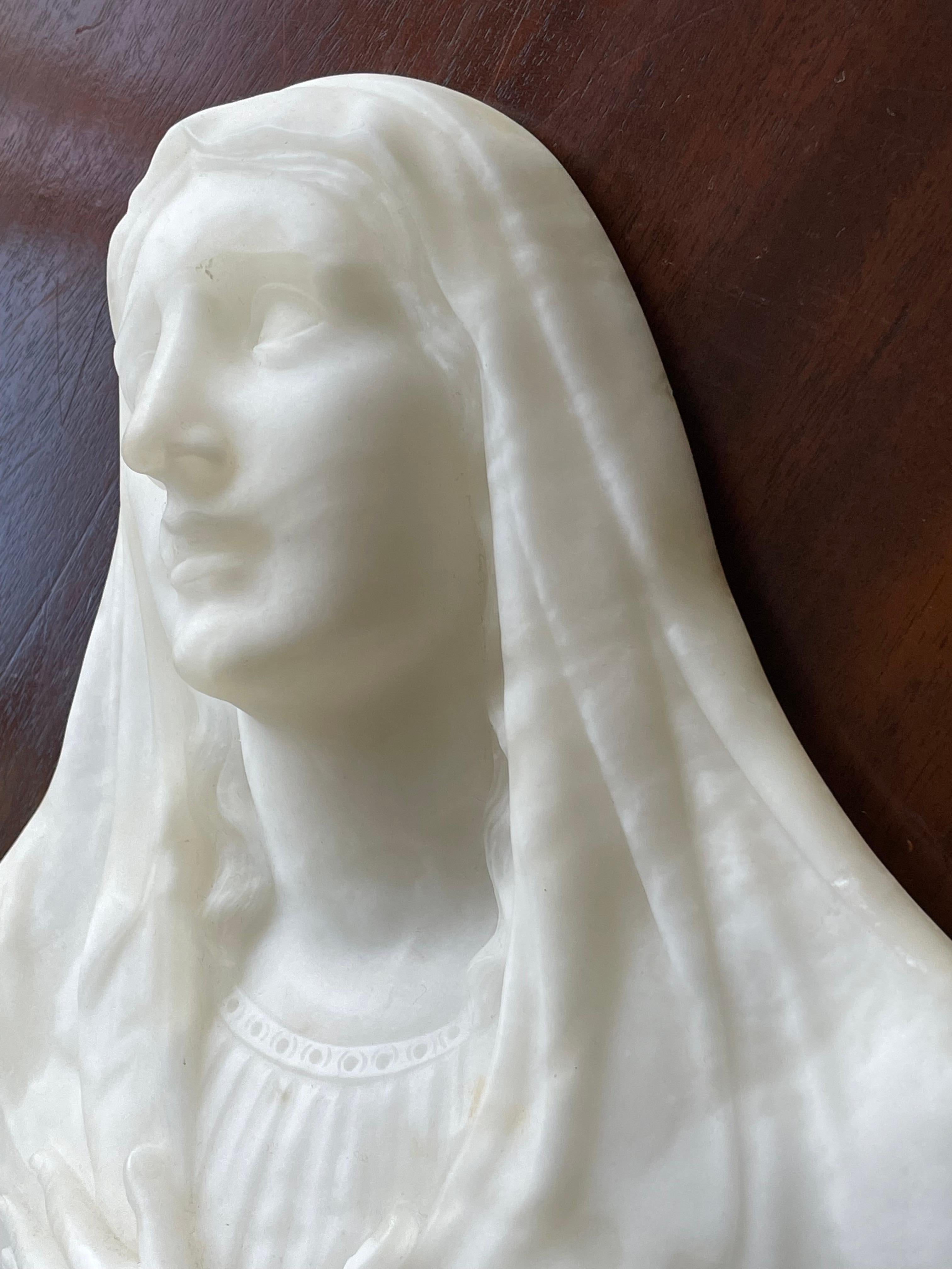 Hand-Carved Rare Hand Carved Early 1900s Alabaster Bust Sculpture of a Mourning Virgin Mary