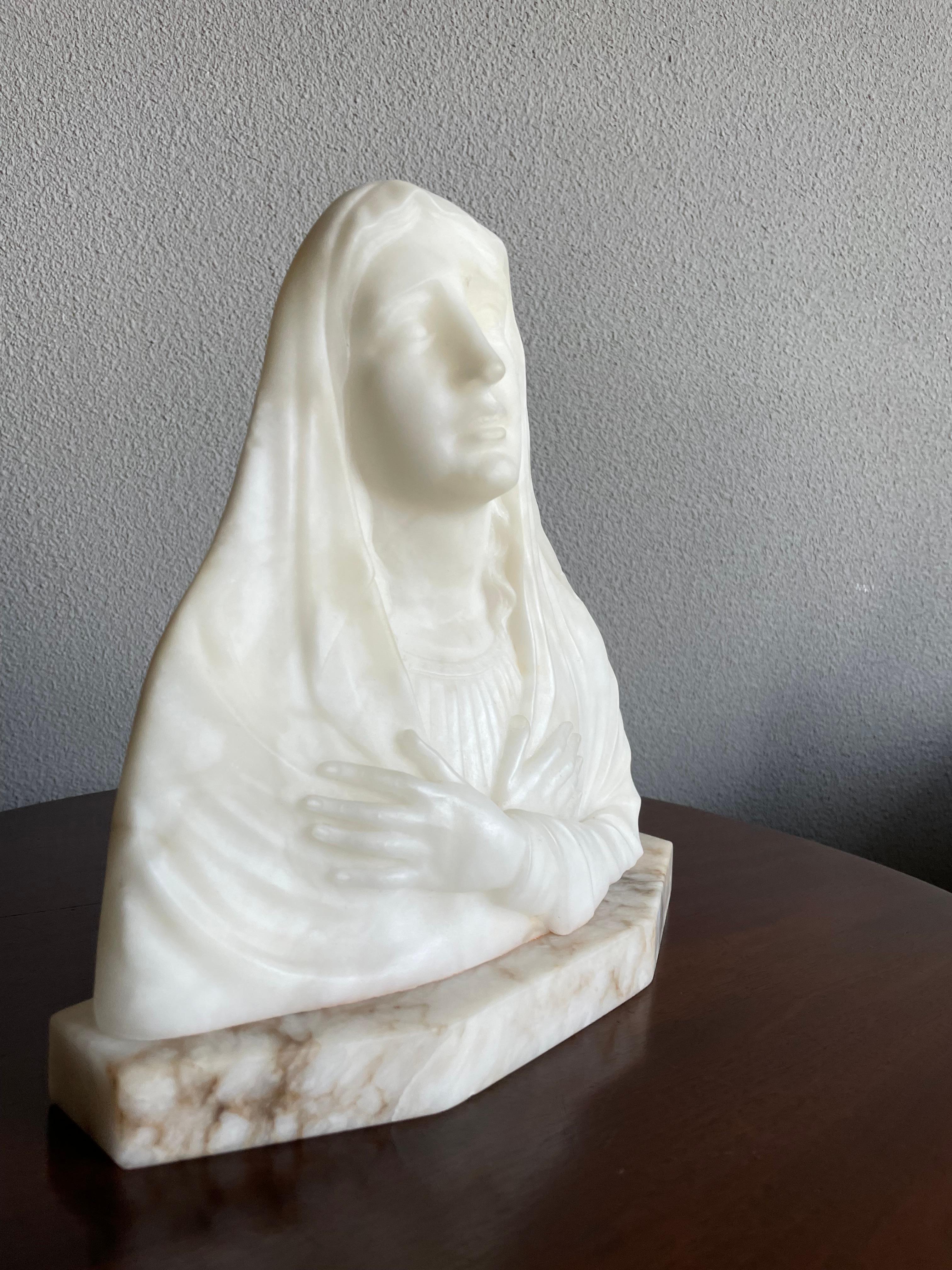 Rare Hand Carved Early 1900s Alabaster Bust Sculpture of a Mourning Virgin Mary In Excellent Condition In Lisse, NL
