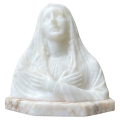 Rare Hand Carved Early 1900s Alabaster Bust Sculpture of a Mourning Virgin Mary