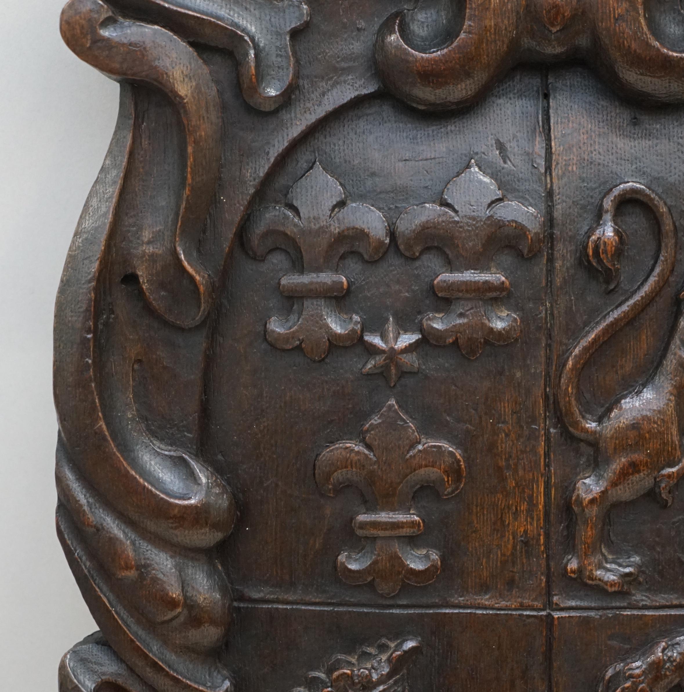 Hand-Crafted Rare Hand Carved Royal Coat of Arms 1660 Armorial Crest Solid Oak Stunning Find