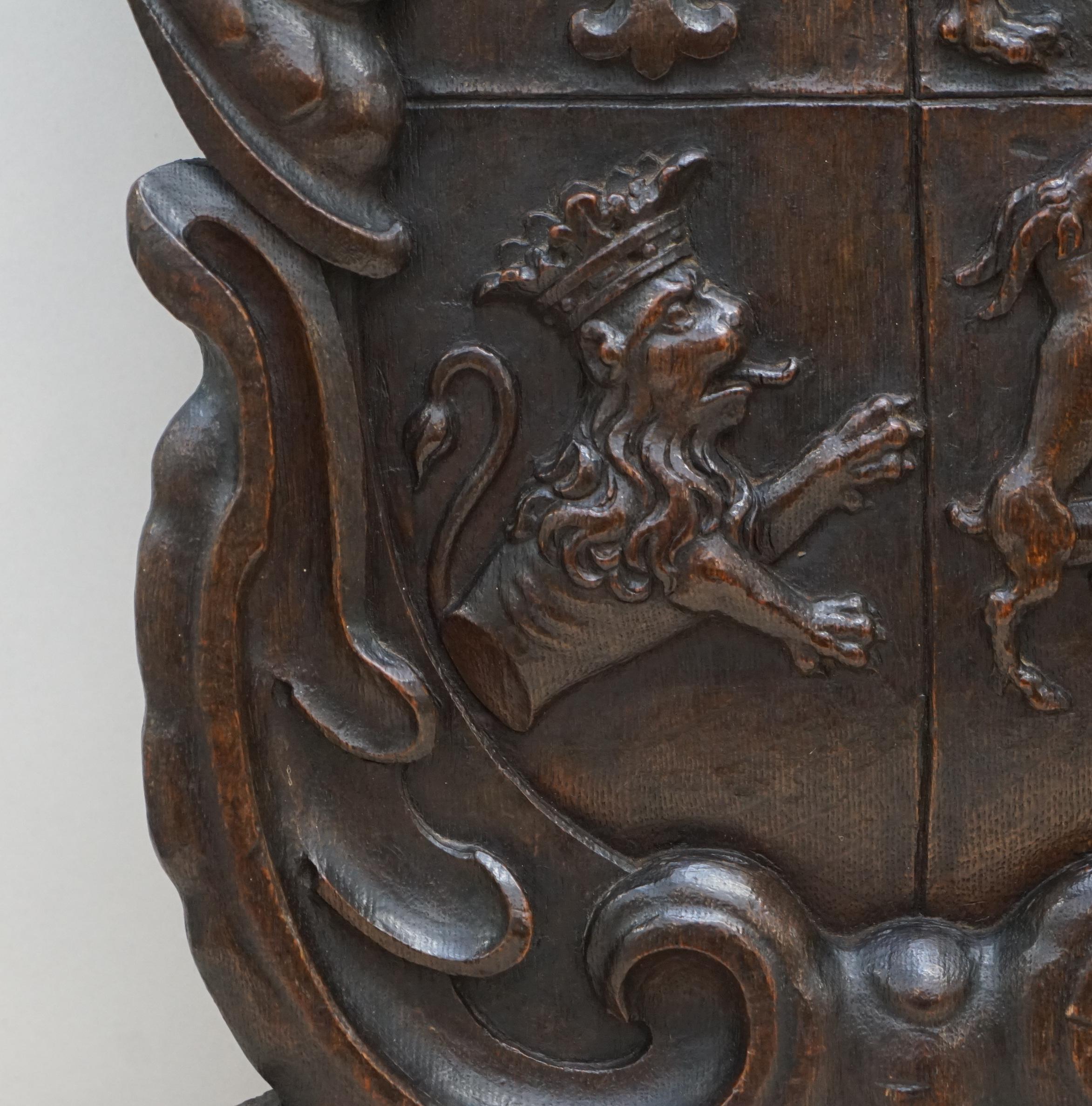 Mid-17th Century Rare Hand Carved Royal Coat of Arms 1660 Armorial Crest Solid Oak Stunning Find