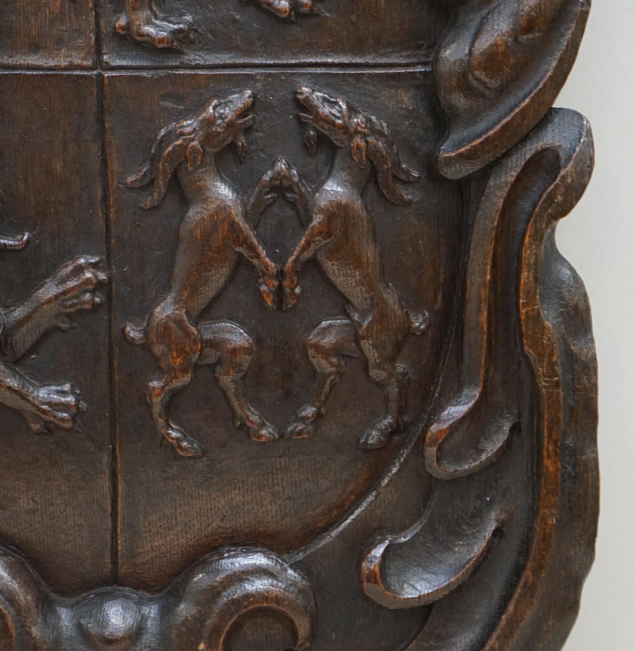Rare Hand Carved Royal Coat of Arms 1660 Armorial Crest Solid Oak Stunning Find 1