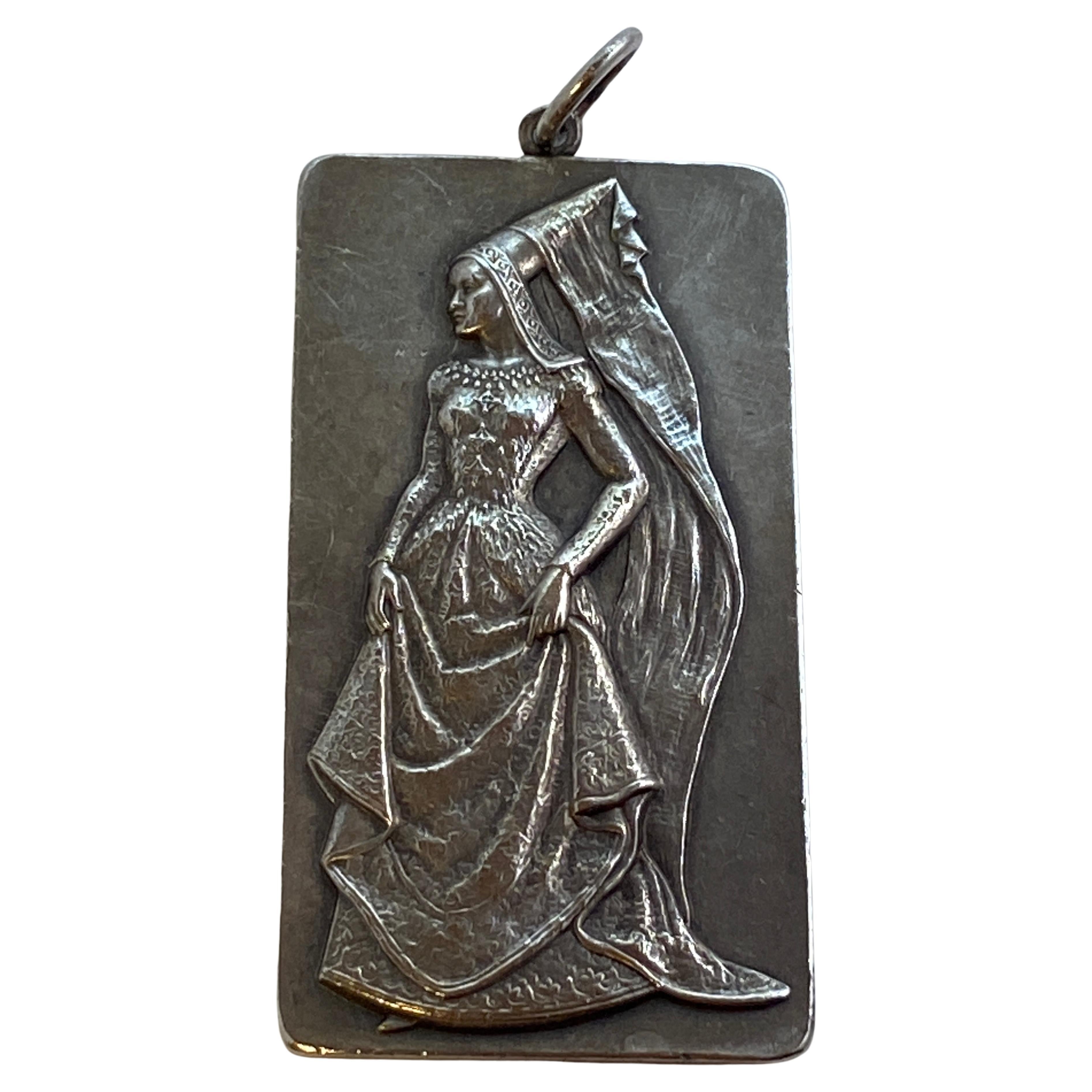 Rare Hand-Carved Silver "Medieval Lady In Waiting" Pendant For Sale