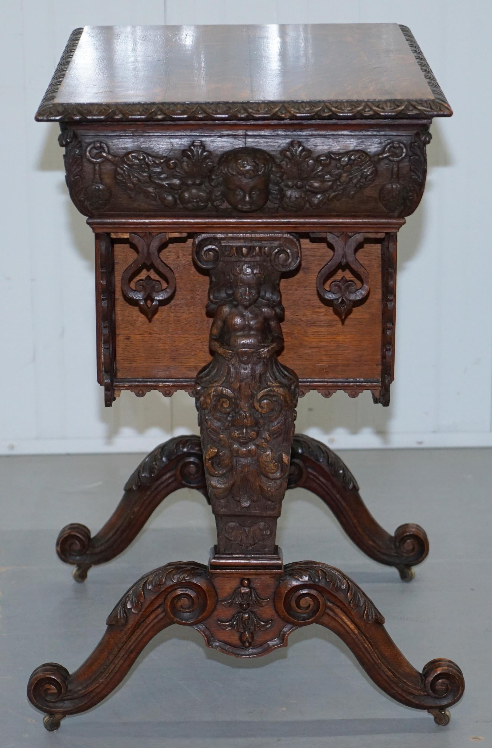Rare Hand Carved Solid Oak Victorian Sewing Table with Putti Angels 17th Century 5