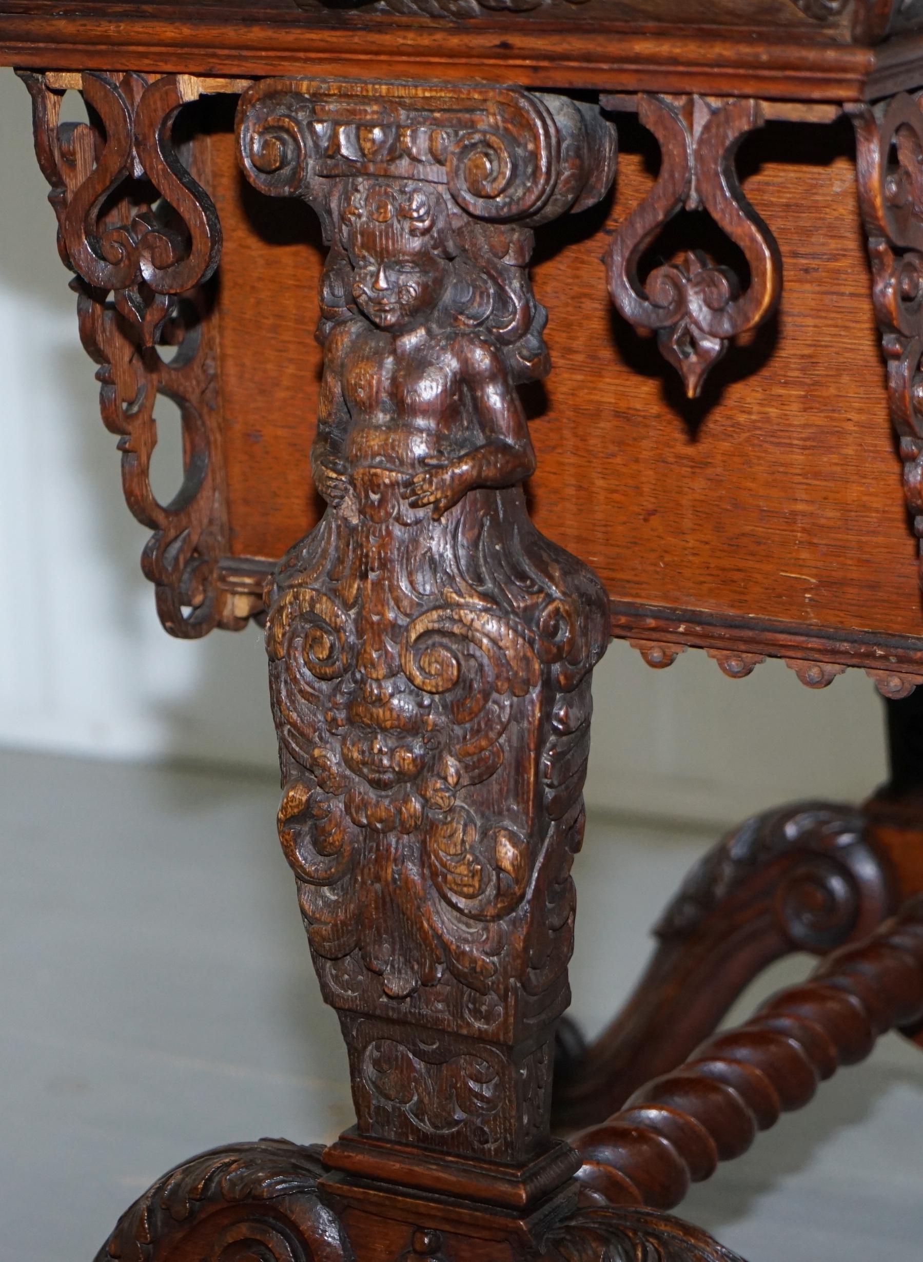 Rare Hand Carved Solid Oak Victorian Sewing Table with Putti Angels 17th Century 6