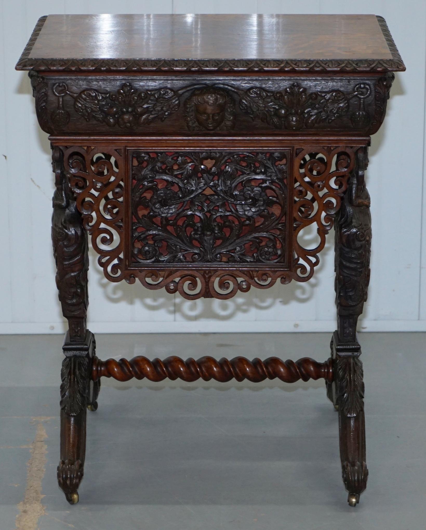 Rare Hand Carved Solid Oak Victorian Sewing Table with Putti Angels 17th Century 8