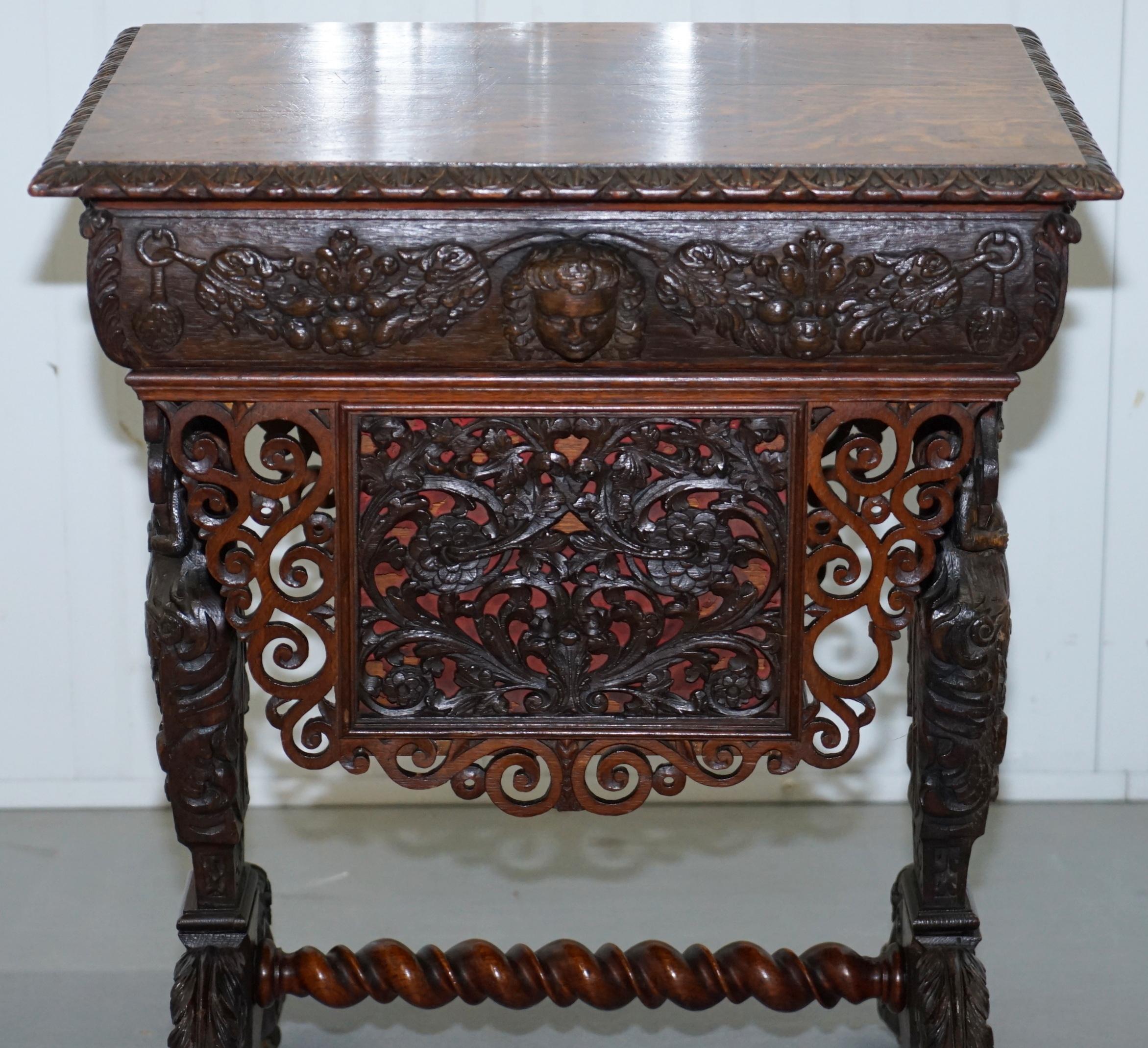 Rare Hand Carved Solid Oak Victorian Sewing Table with Putti Angels 17th Century 9