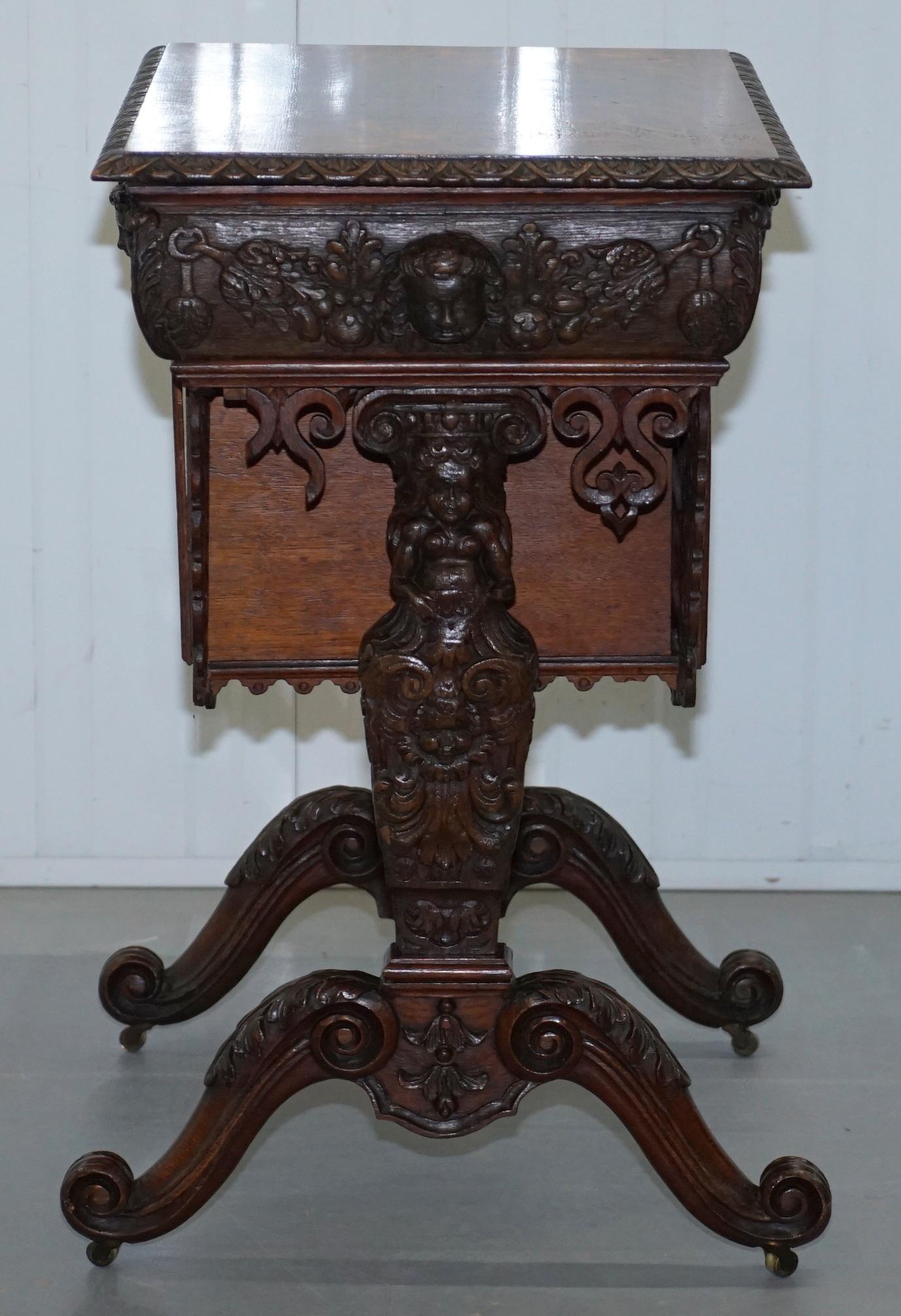 Rare Hand Carved Solid Oak Victorian Sewing Table with Putti Angels 17th Century 10
