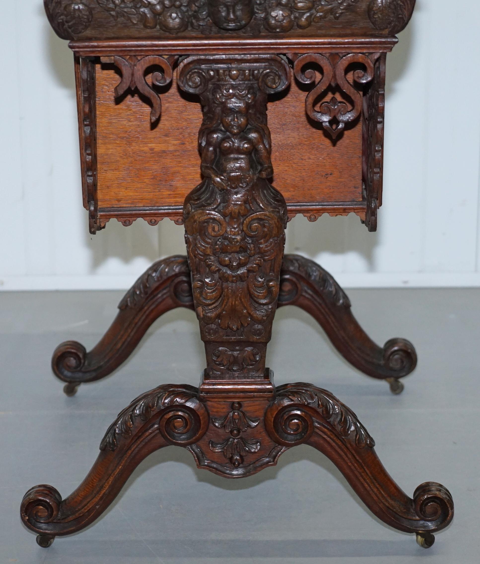 Rare Hand Carved Solid Oak Victorian Sewing Table with Putti Angels 17th Century 11