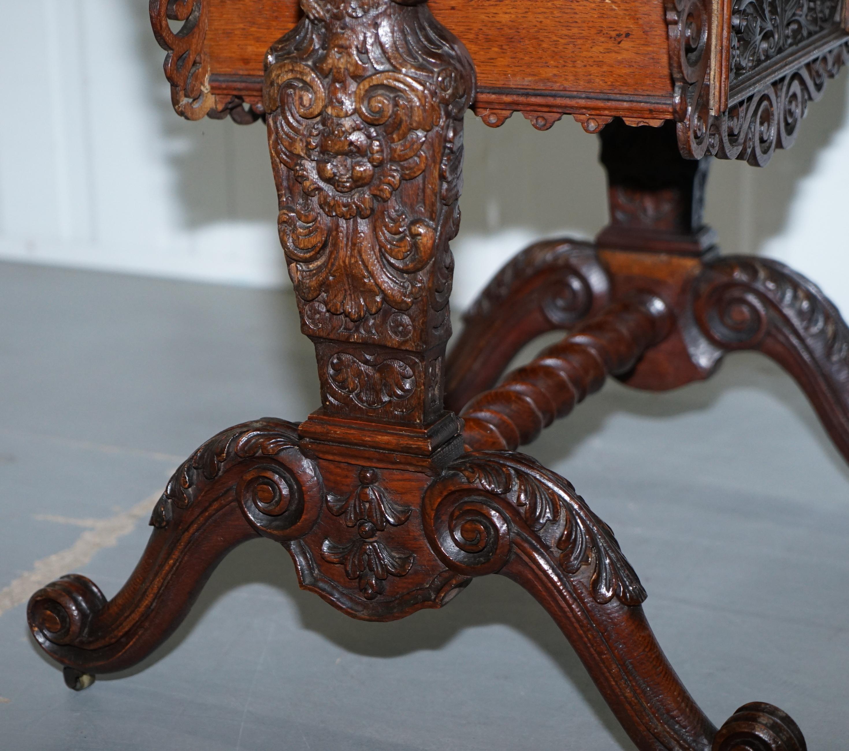 Rare Hand Carved Solid Oak Victorian Sewing Table with Putti Angels 17th Century 12