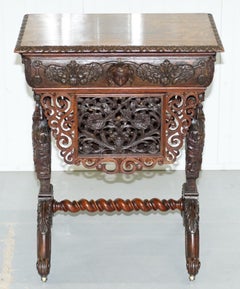 Rare Hand Carved Solid Oak Victorian Sewing Table with Putti Angels 17th Century