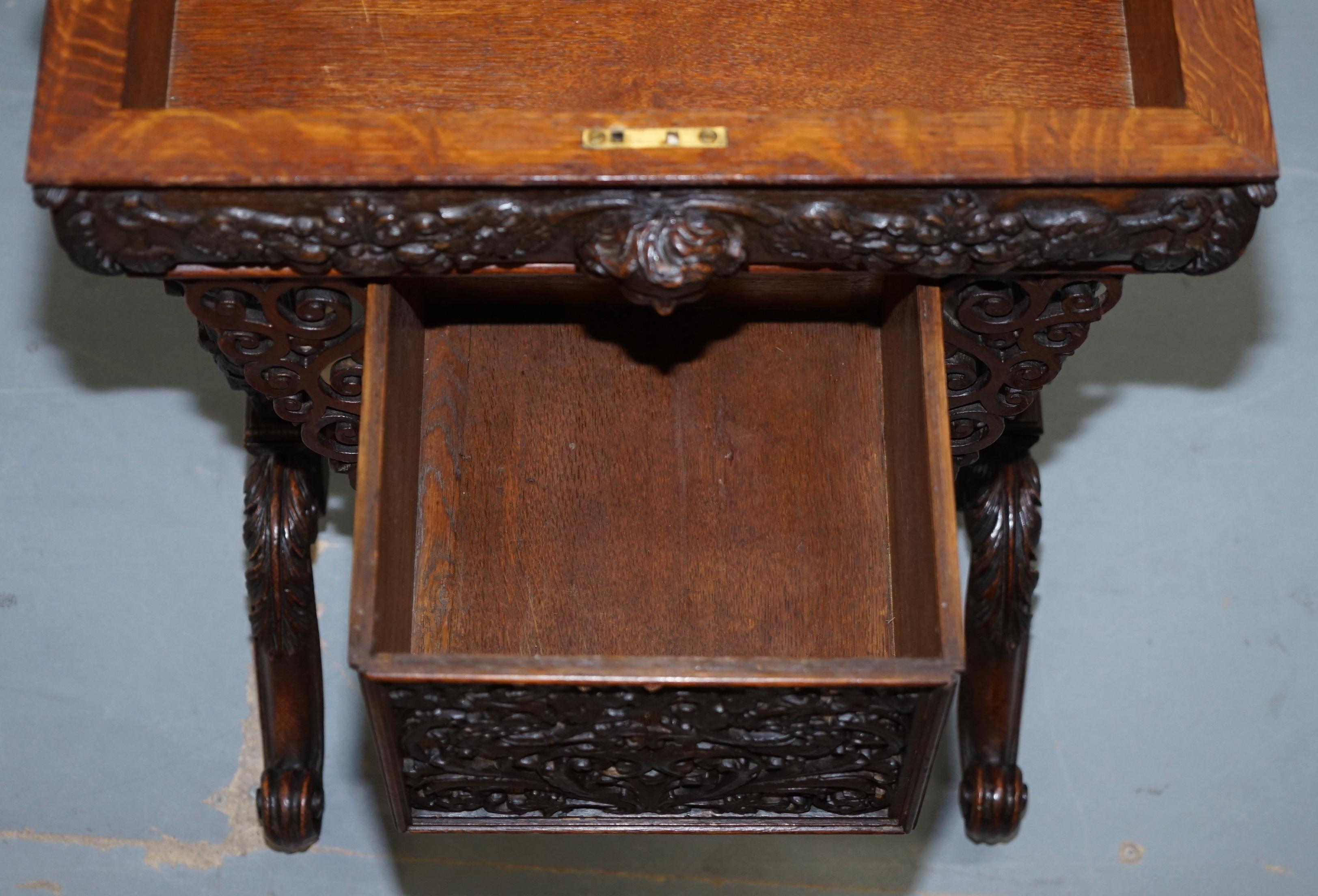 Rare Hand Carved Solid Oak Victorian Sewing Table with Putti Angels 17th Century 15