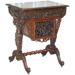 Rare Hand Carved Solid Oak Victorian Sewing Table with Putti Angels 17th Century