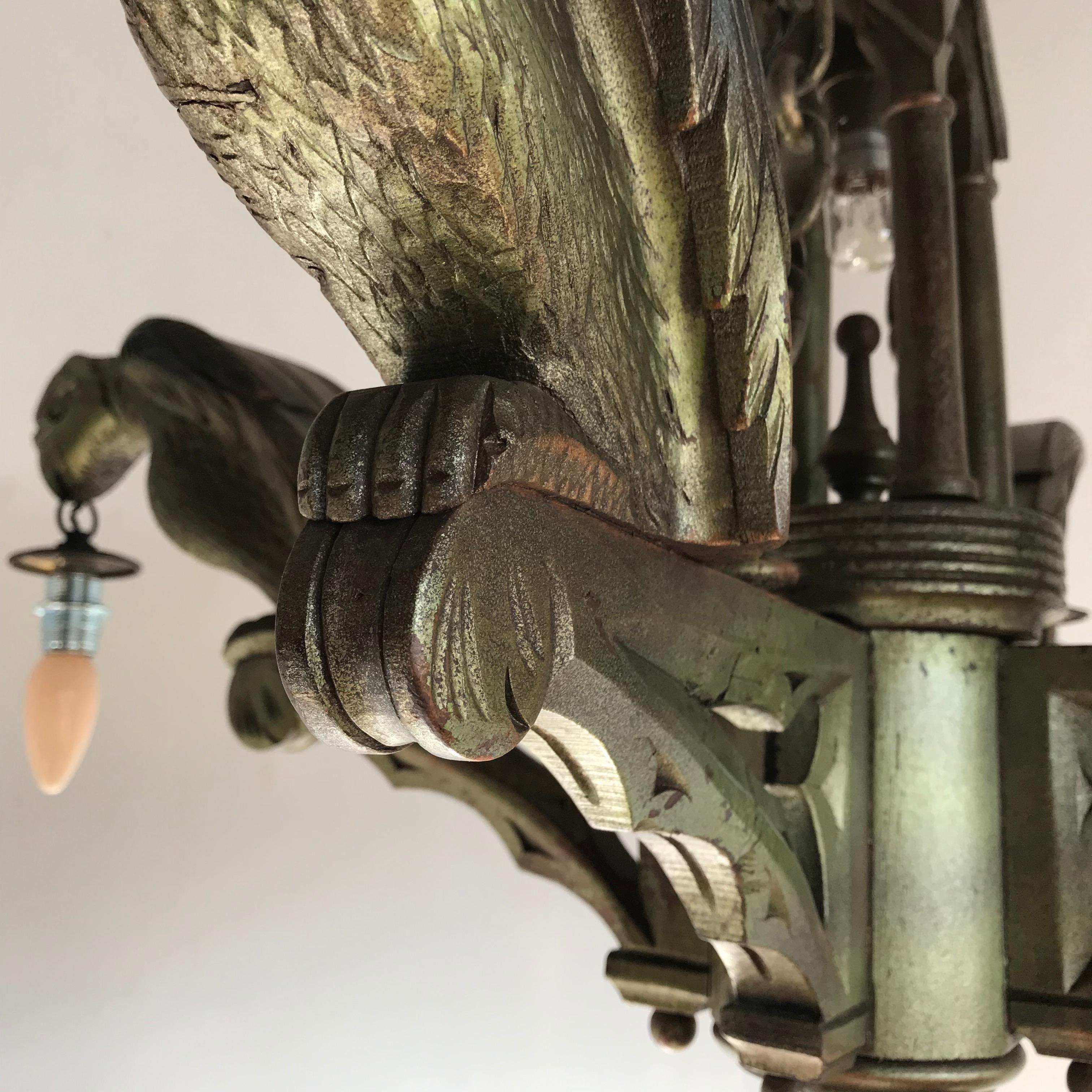 Metal Rare Hand Carved Wooden Gothic Revival Art Chandelier with Gargoyle Sculptures For Sale