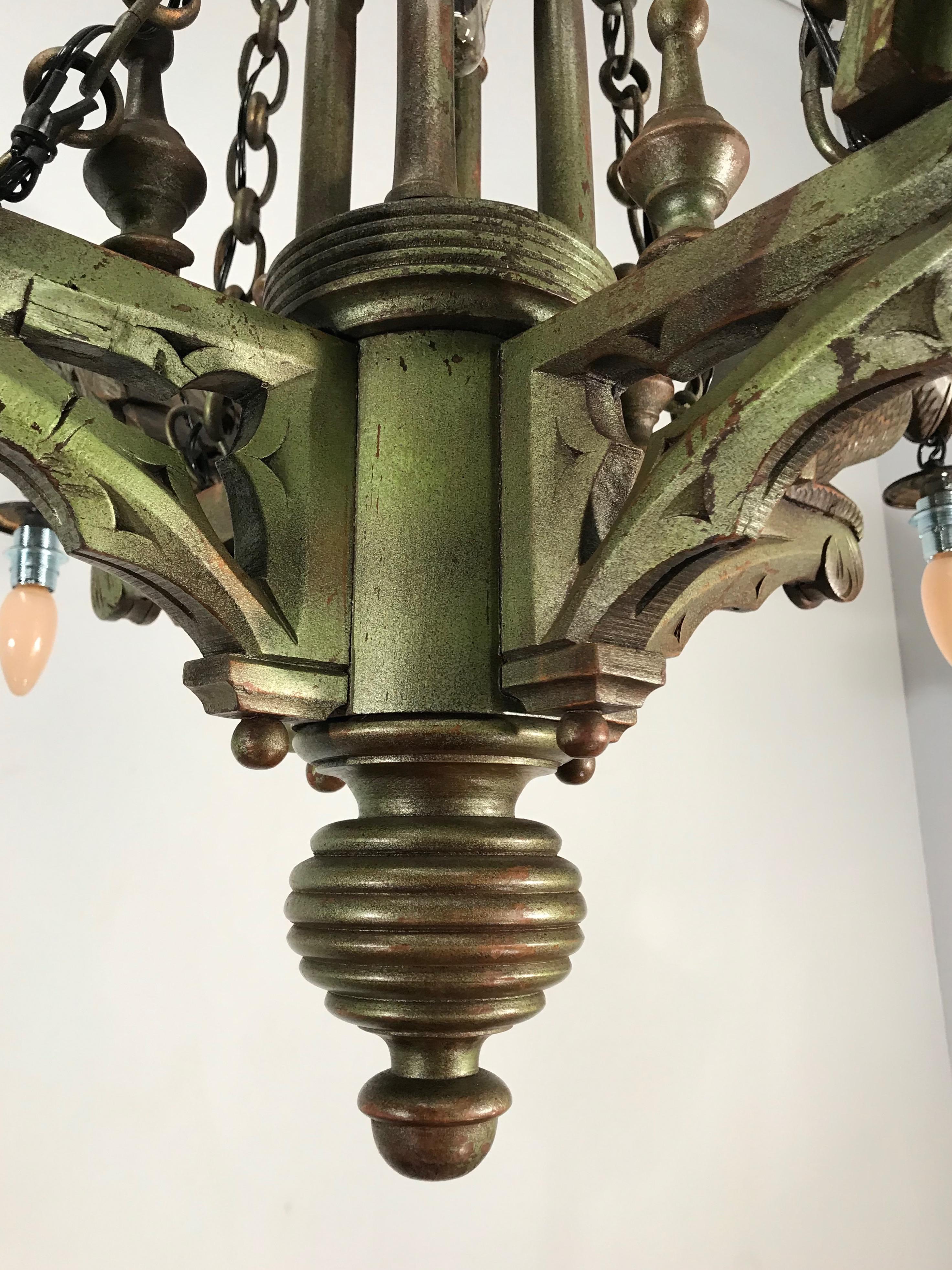 Rare Hand Carved Wooden Gothic Revival Art Chandelier with Gargoyle Sculptures For Sale 1
