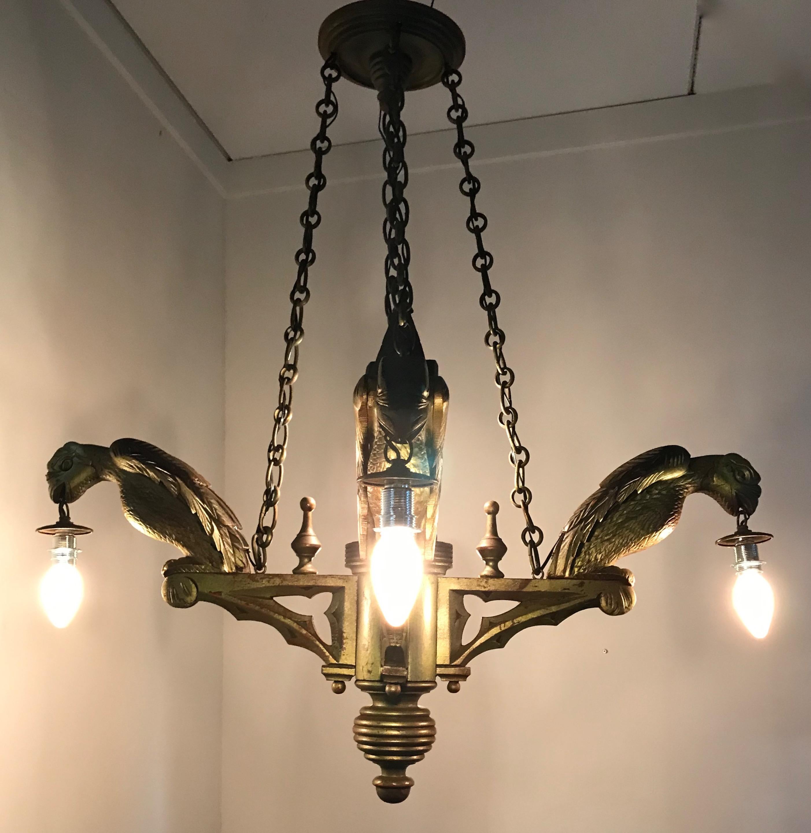 Rare Hand Carved Wooden Gothic Revival Art Chandelier with Gargoyle Sculptures For Sale 2