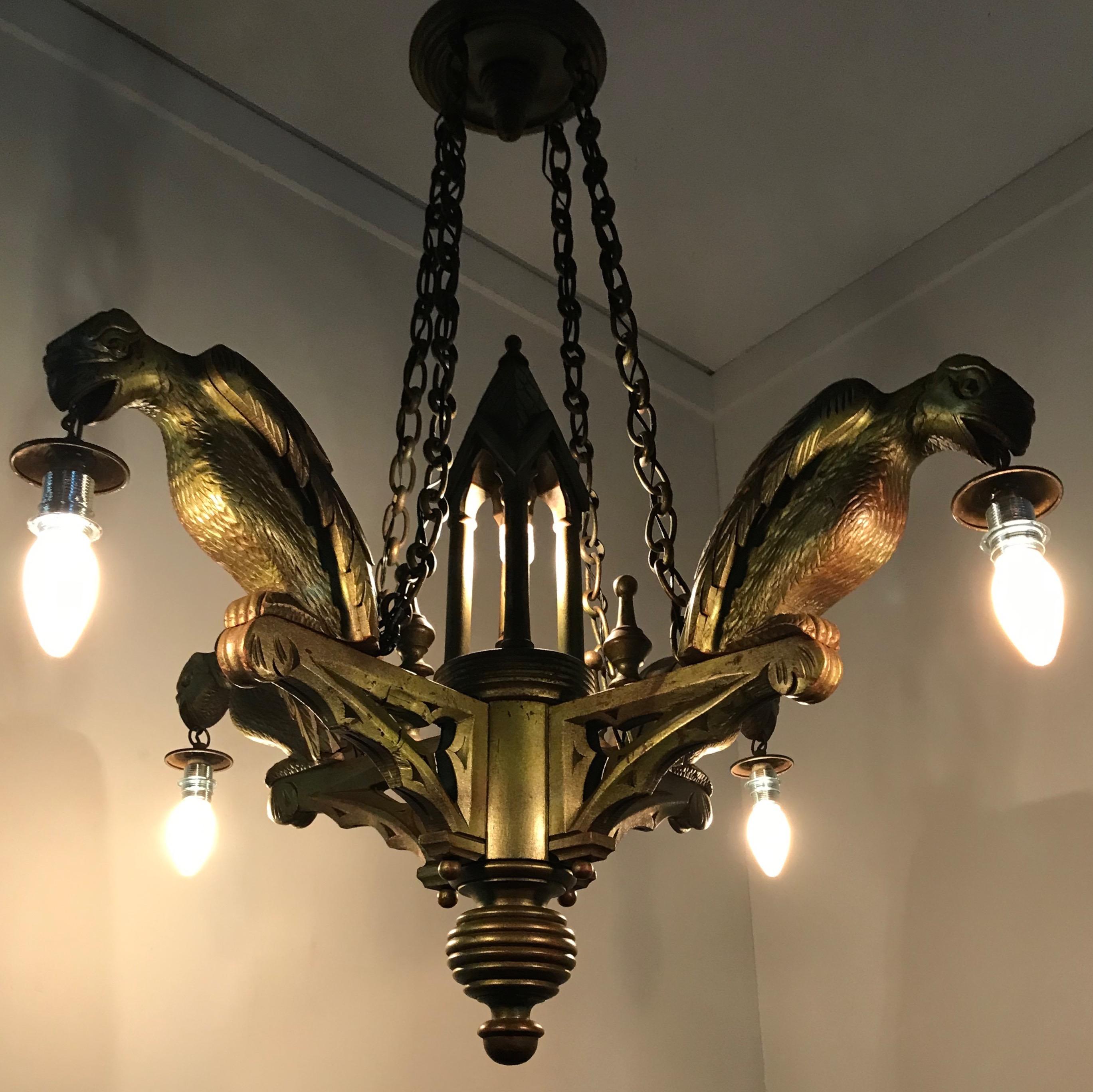 Rare Hand Carved Wooden Gothic Revival Art Chandelier with Gargoyle Sculptures For Sale 3