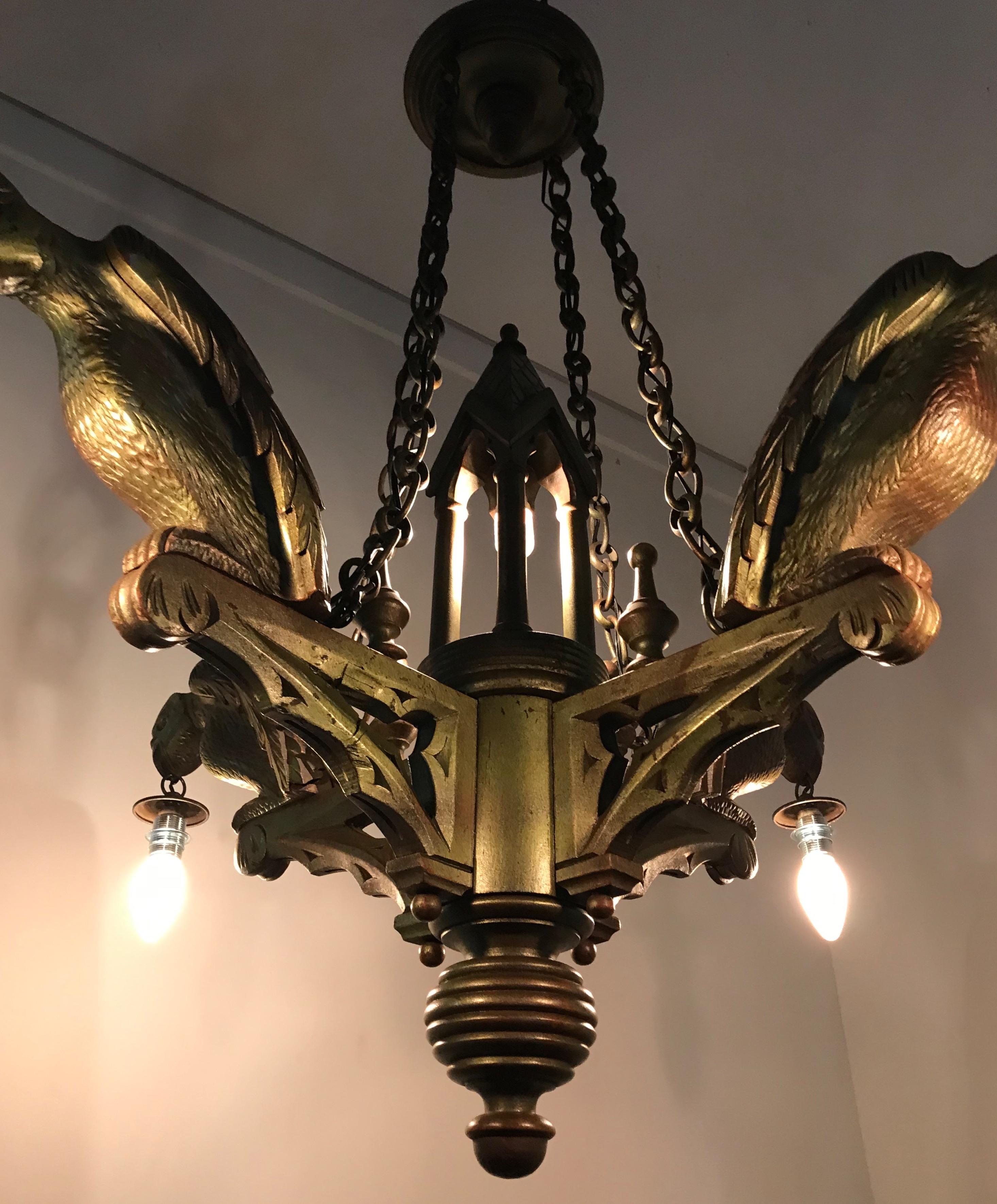 Rare Hand Carved Wooden Gothic Revival Art Chandelier with Gargoyle Sculptures For Sale 4