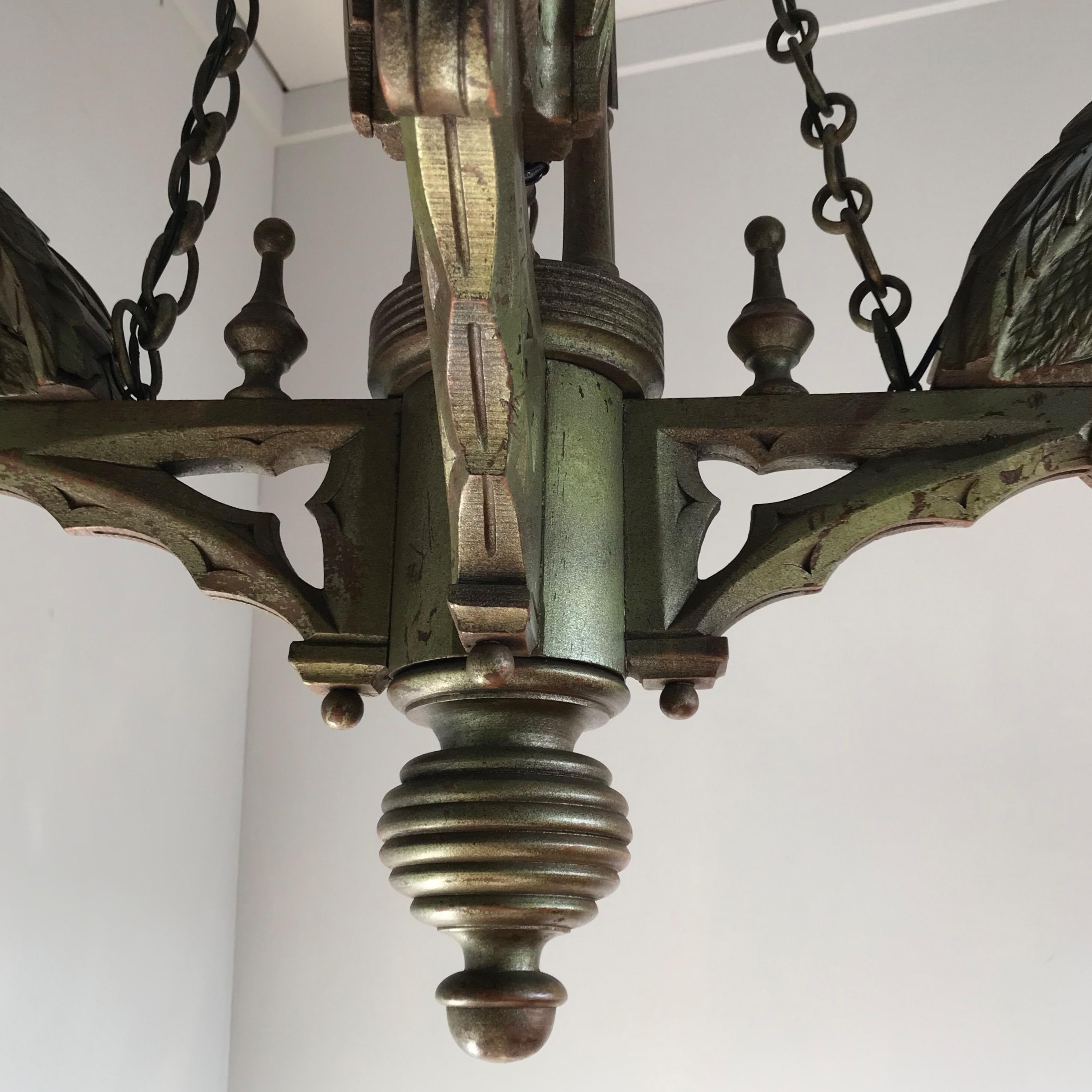 Rare Hand Carved Wooden Gothic Revival Art Chandelier with Gargoyle Sculptures For Sale 5