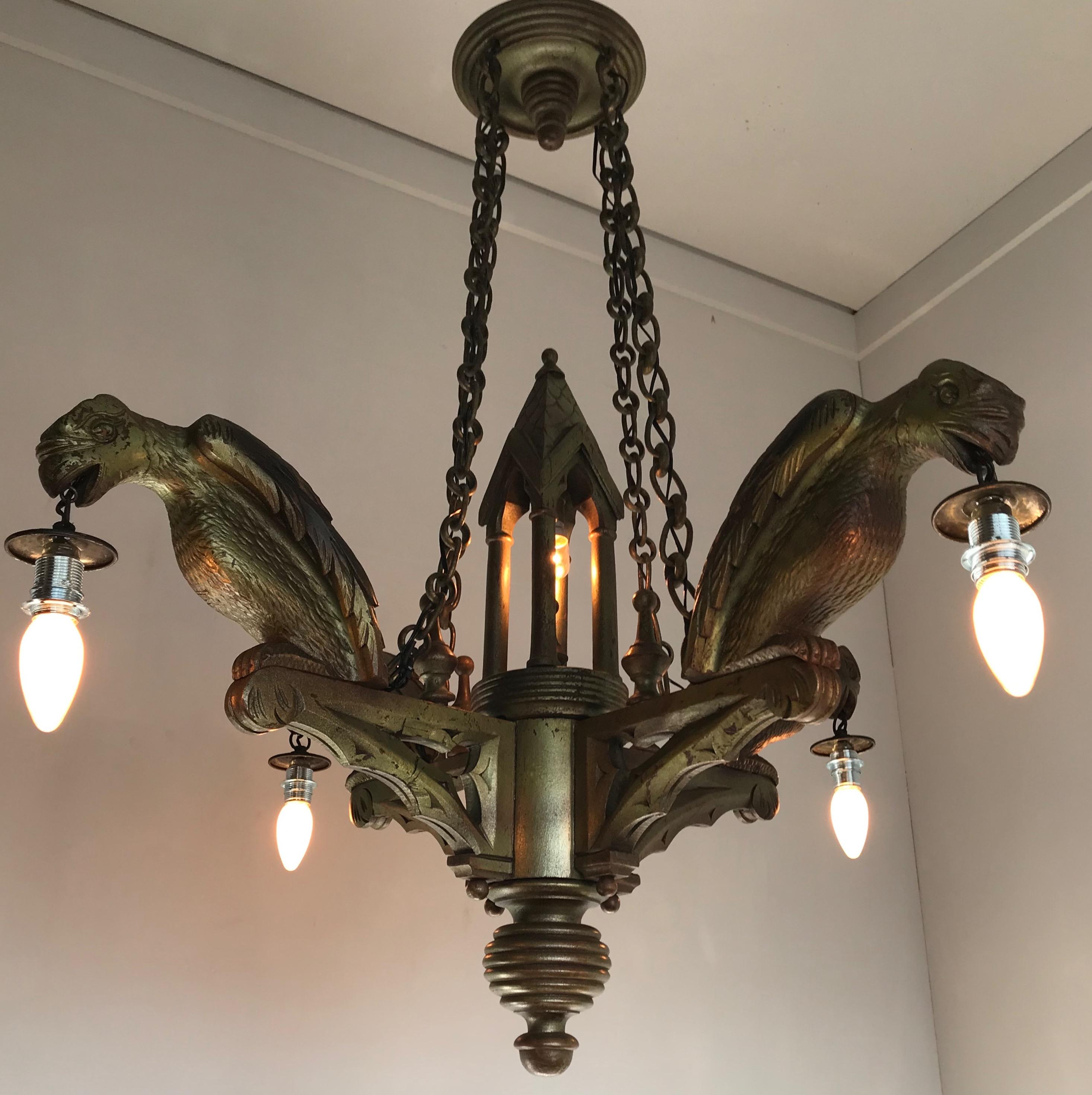 Rare Hand Carved Wooden Gothic Revival Art Chandelier with Gargoyle Sculptures For Sale 9