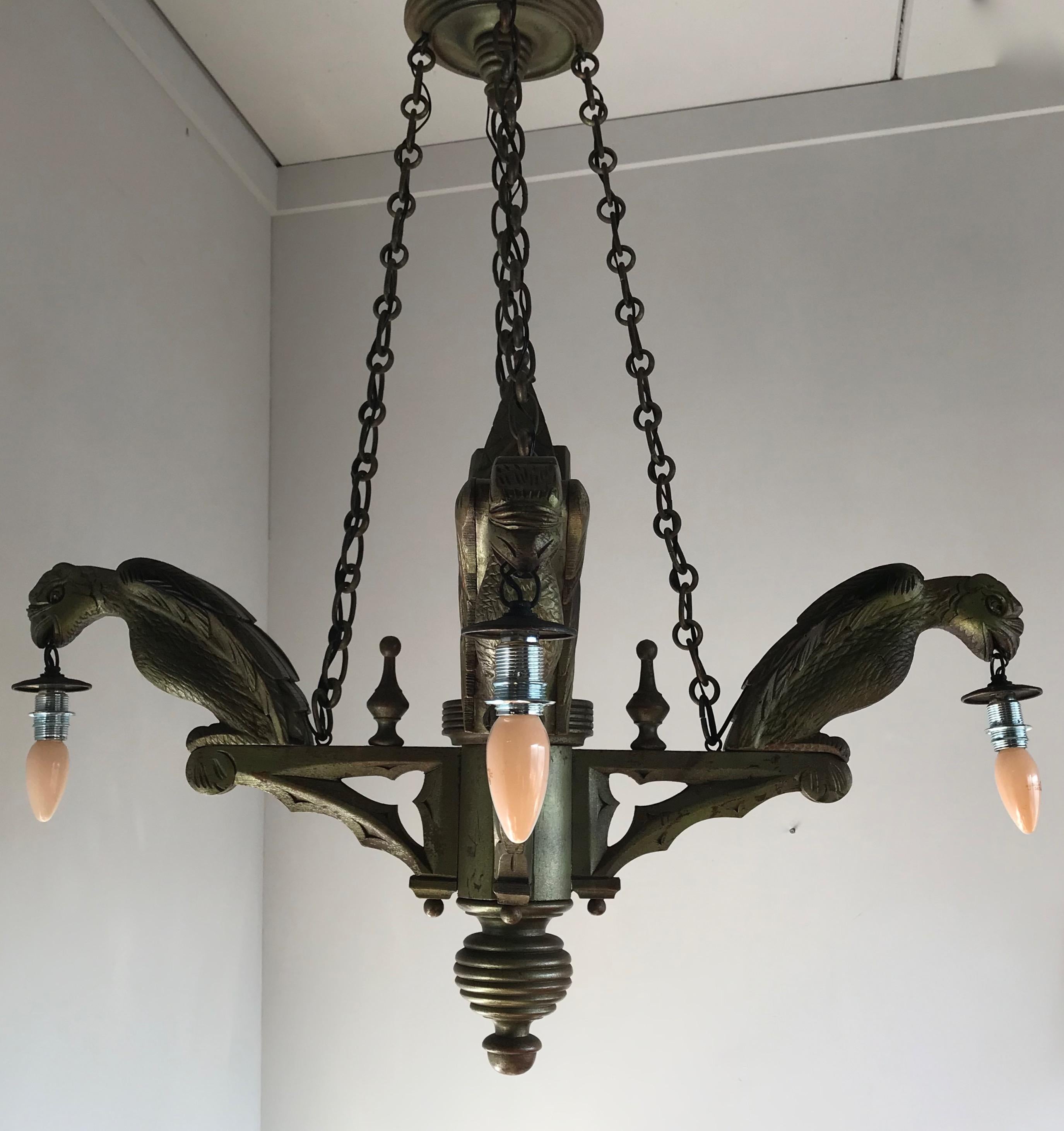 Hand-Carved Rare Hand Carved Wooden Gothic Revival Art Chandelier with Gargoyle Sculptures For Sale