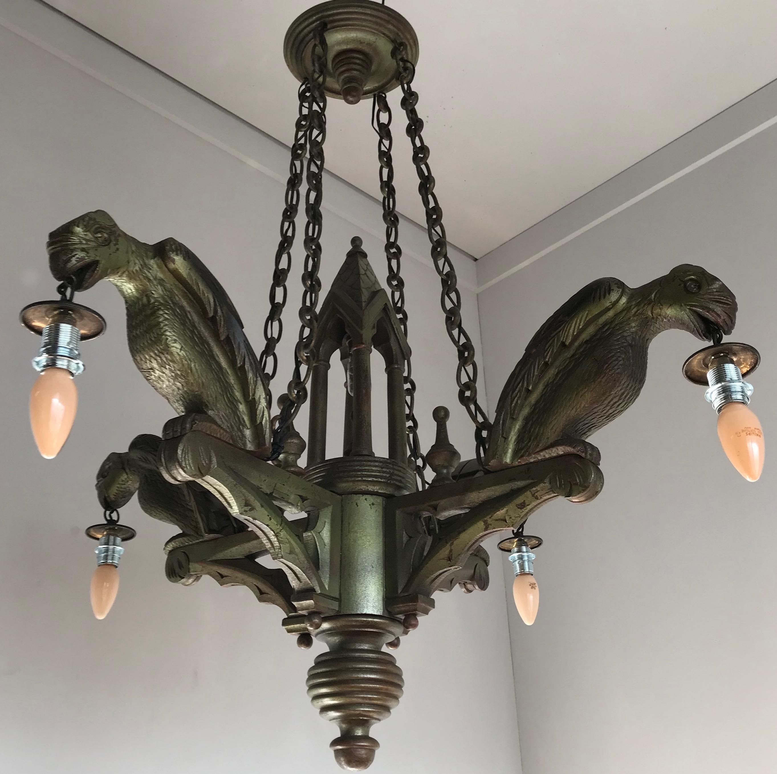 Rare Hand Carved Wooden Gothic Revival Art Chandelier with Gargoyle Sculptures In Good Condition For Sale In Lisse, NL