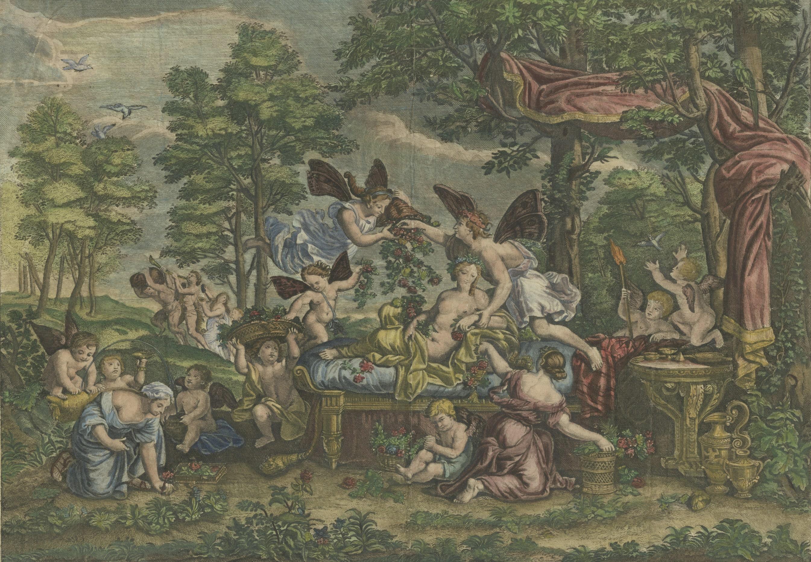 Antique print titled 'Flora'. It shows Flora lying on a bed between the trees. Two angels scatter flowers over her. Around her putti, satyrs and women who collect flowers. Flora is a Roman goddess of flowers and of the season of spring – a symbol