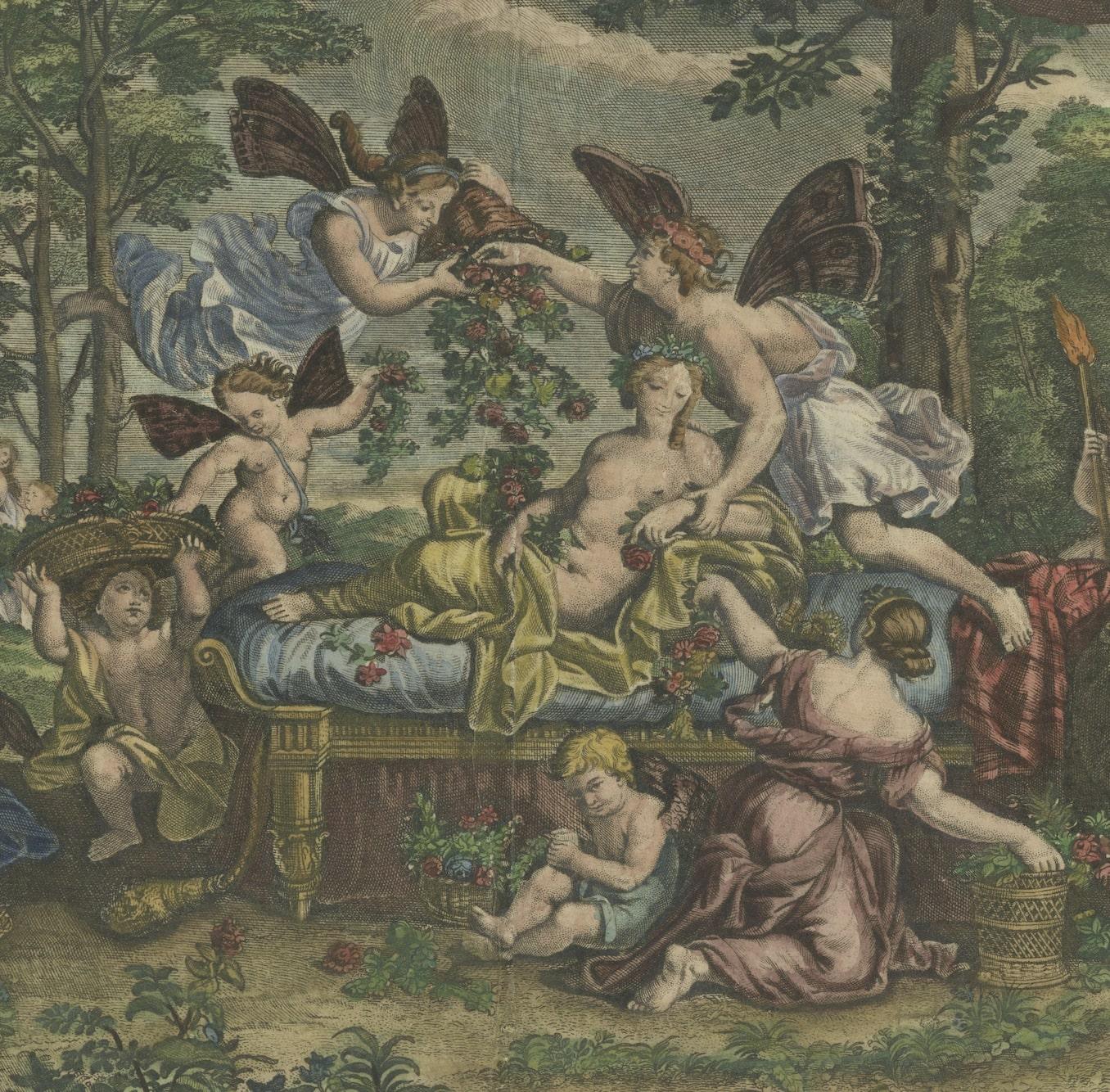 18th Century Rare Hand-Colored Antique Engraving of Flora Lying on a Bed Surrounded by Angels For Sale