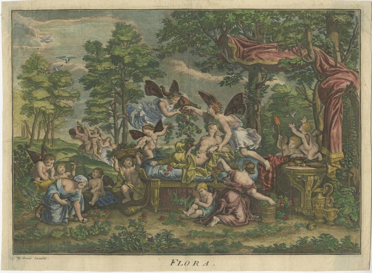 Rare Hand-Colored Antique Engraving of Flora Lying on a Bed Surrounded by Angels