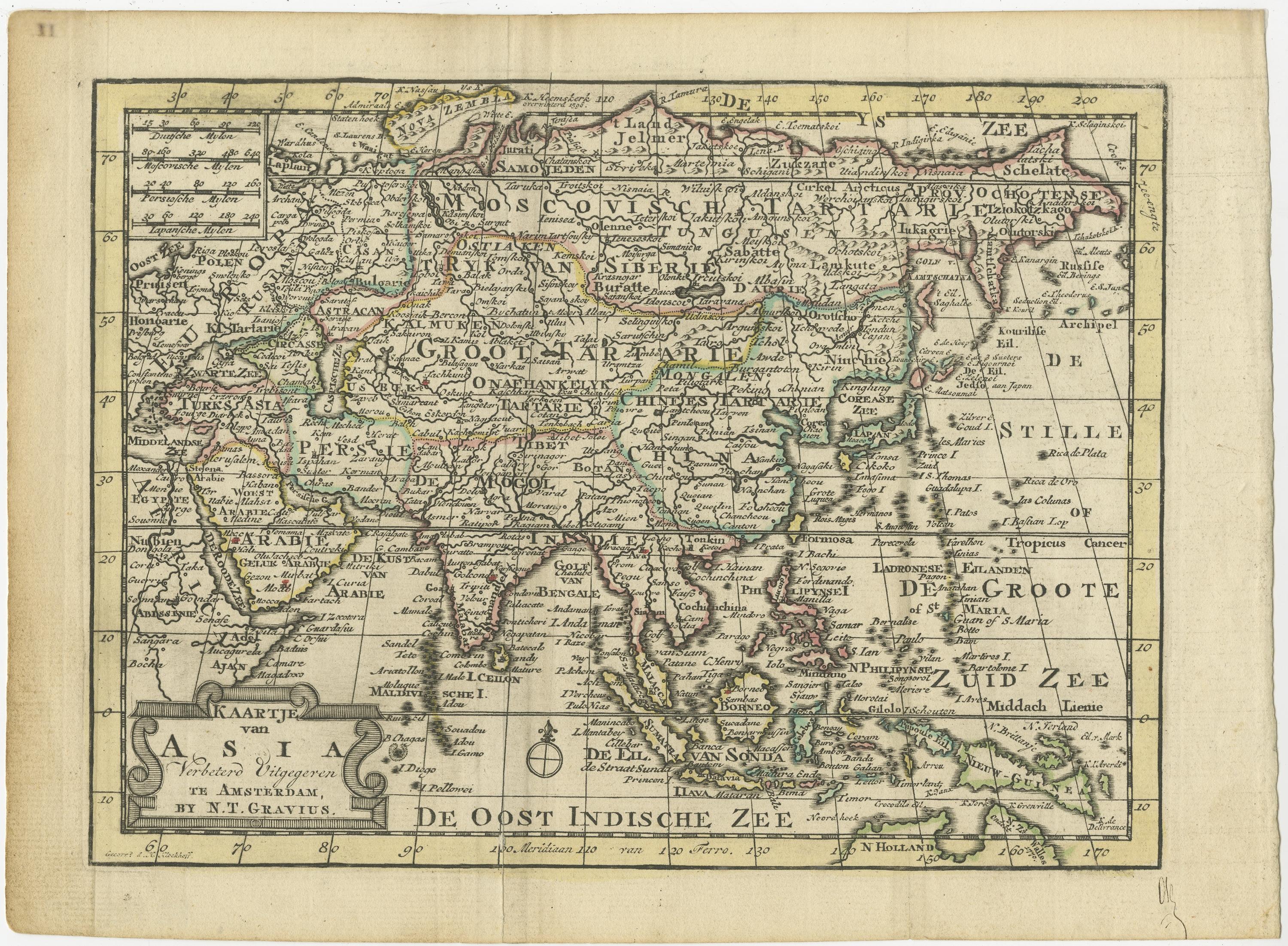 Antique map titled 'Kaartje van Asia'. 

Original antique map of Asia. This map originates from 'Nieuwe Natuur- Geschied- en Handelkundige Zak- en Reisatlas' by N.T. Gravius, 1788. 

Artists and Engravers: N.T. Gravius was a publisher from