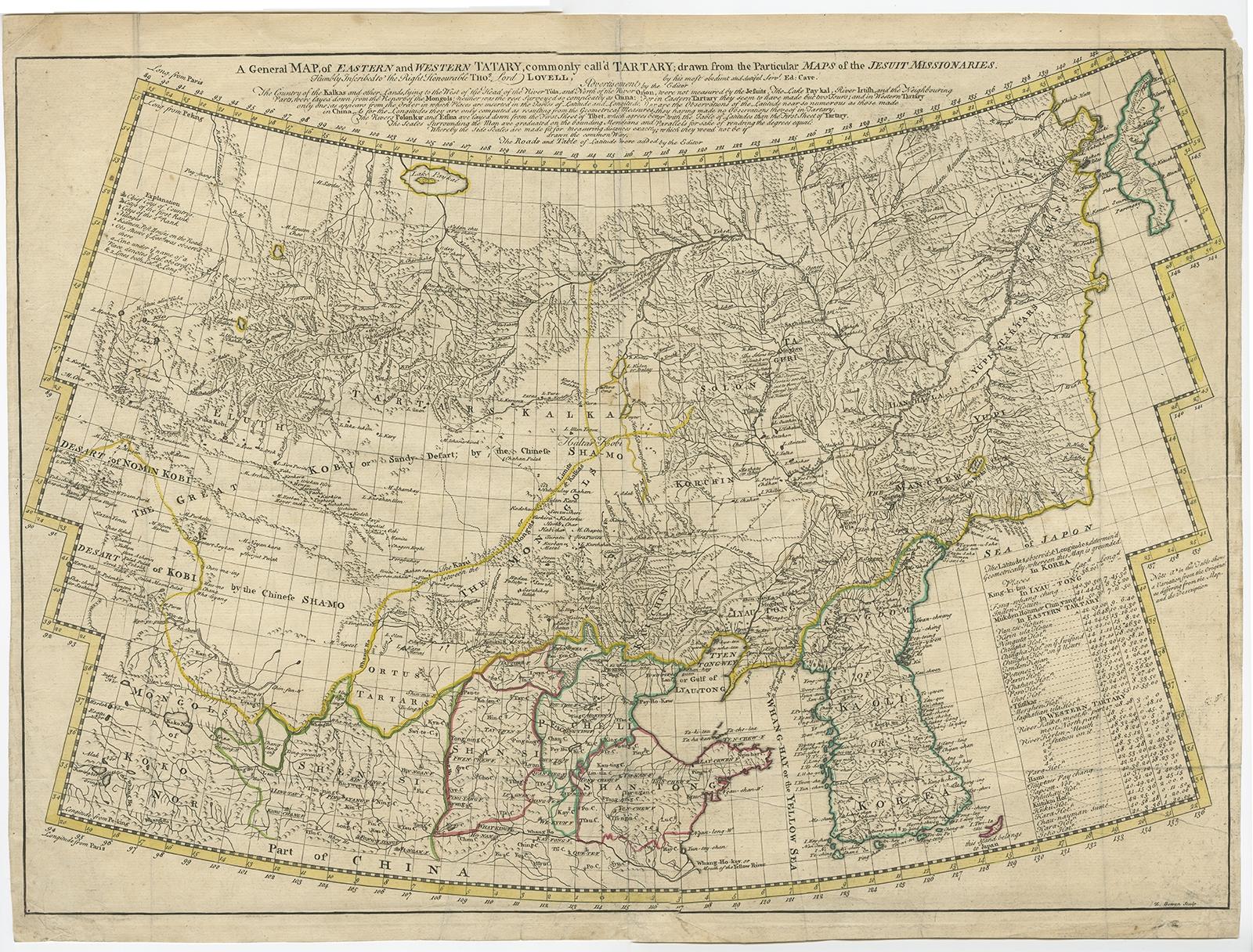 Antike Karte mit dem Titel 'A General Map of Eastern and Western Tatary, commonly called'd Tartary; drawn from the Particular Maps of the Jesuit Missionaries'. 

Seltene antike Karte von Tatarstan, China und Korea. Enthält einen schönen Ausschnitt