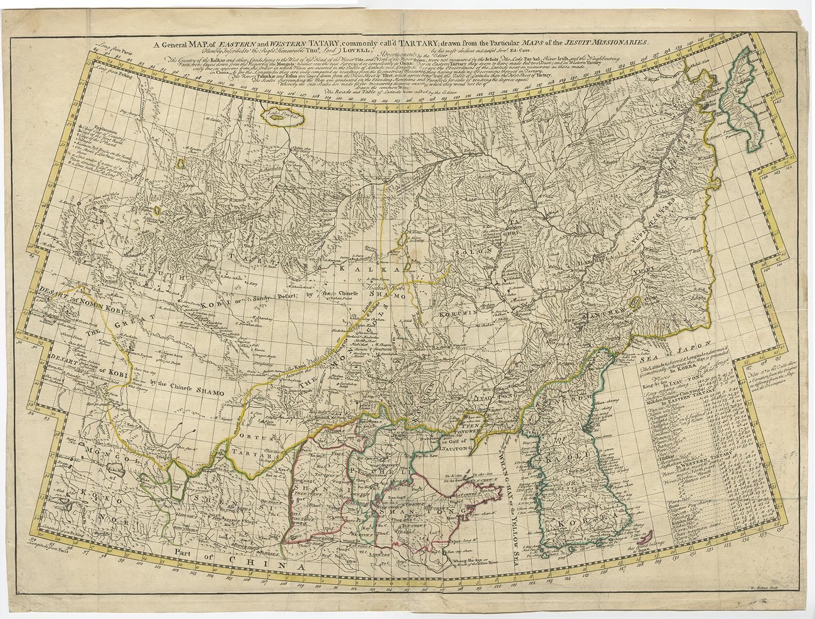 Antique map titled 'A General Map of Eastern and Western Tatary, commonly call'd Tartary; drawn from the Particular Maps of the Jesuit Missionaries'. 

Rare antique map of Tartary, China and Korea. Includes a nice detail of Korea, Japan and China,