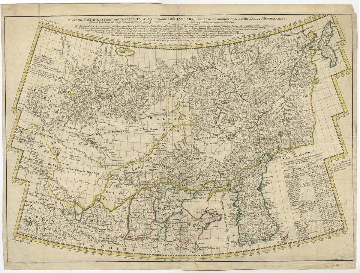 Rare Hand-Colored Antique Map of Tartary, China and Korea, ca.1741