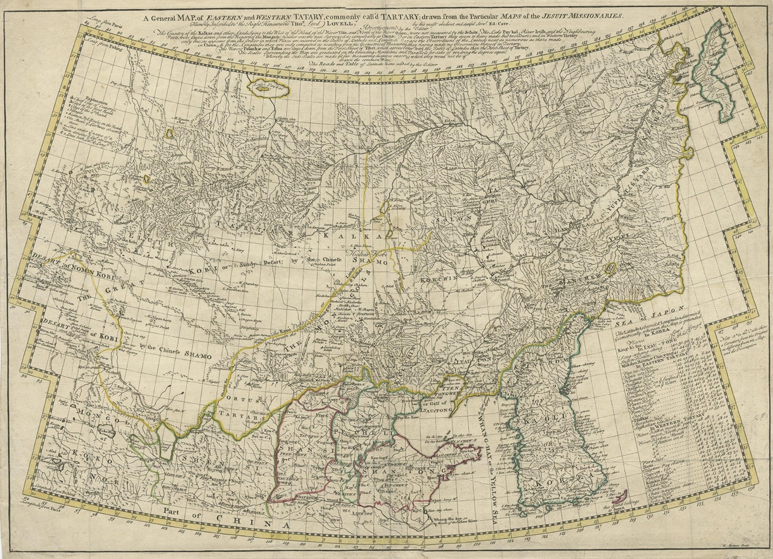 Rare carte ancienne colorée à la main de Tartary, Chine et Corée, vers 1741 Bon état - En vente à Langweer, NL