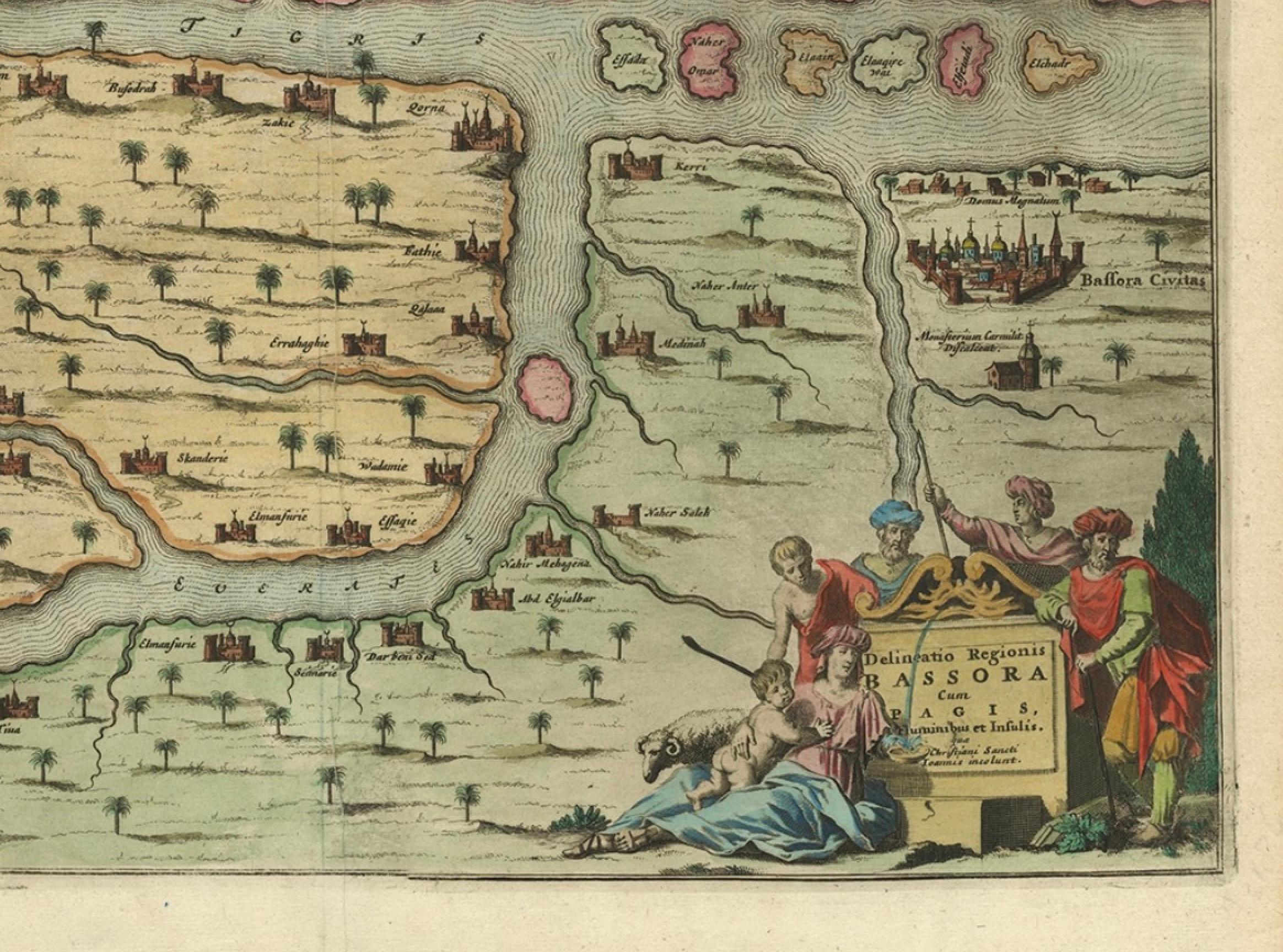 Rare Hand-Colored Antique Map of the Bassora 'Basra' Region in Iraq, 1680 For Sale 2