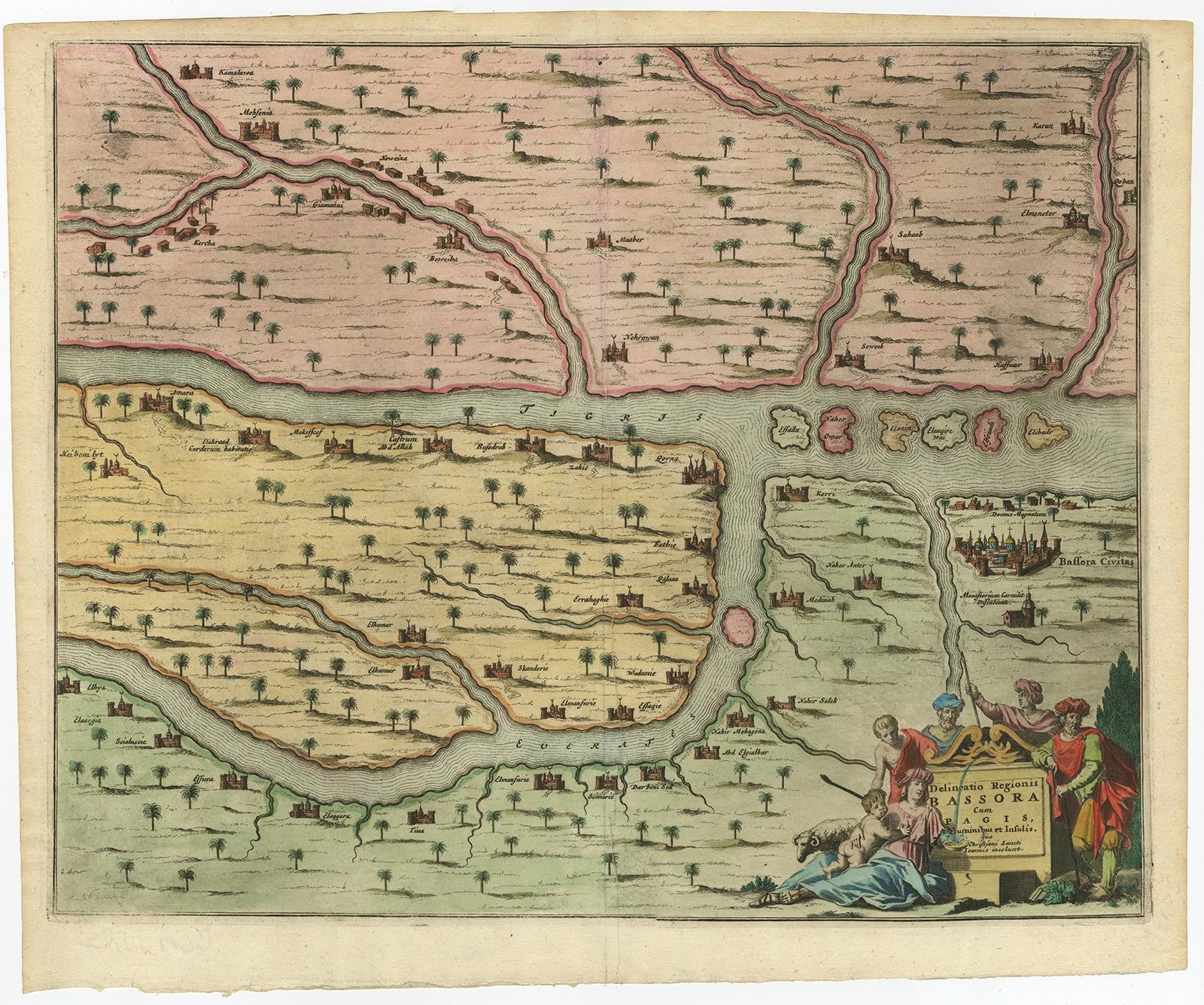 Description: Antique map titled 'Delineato Regionis Bassora cum Angis uminibus et Isulis.' 

Map of the Bassora (Basra) region, Iraq.

Artists and Engravers: Made by 'Olfert Dapper' after an anonymous artist. Olfert Dapper (c. 1635 - 1689) was a